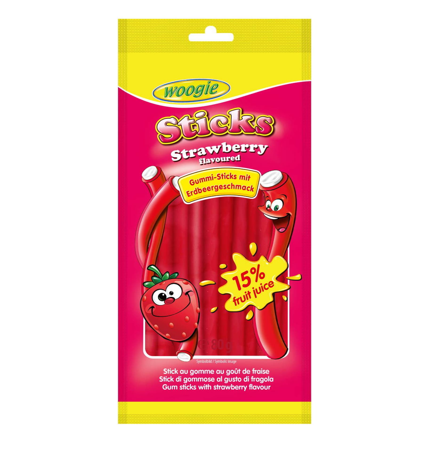 

Woogie Strawberry Sticks Żelki Truskawkowe Nadziewane 80 g