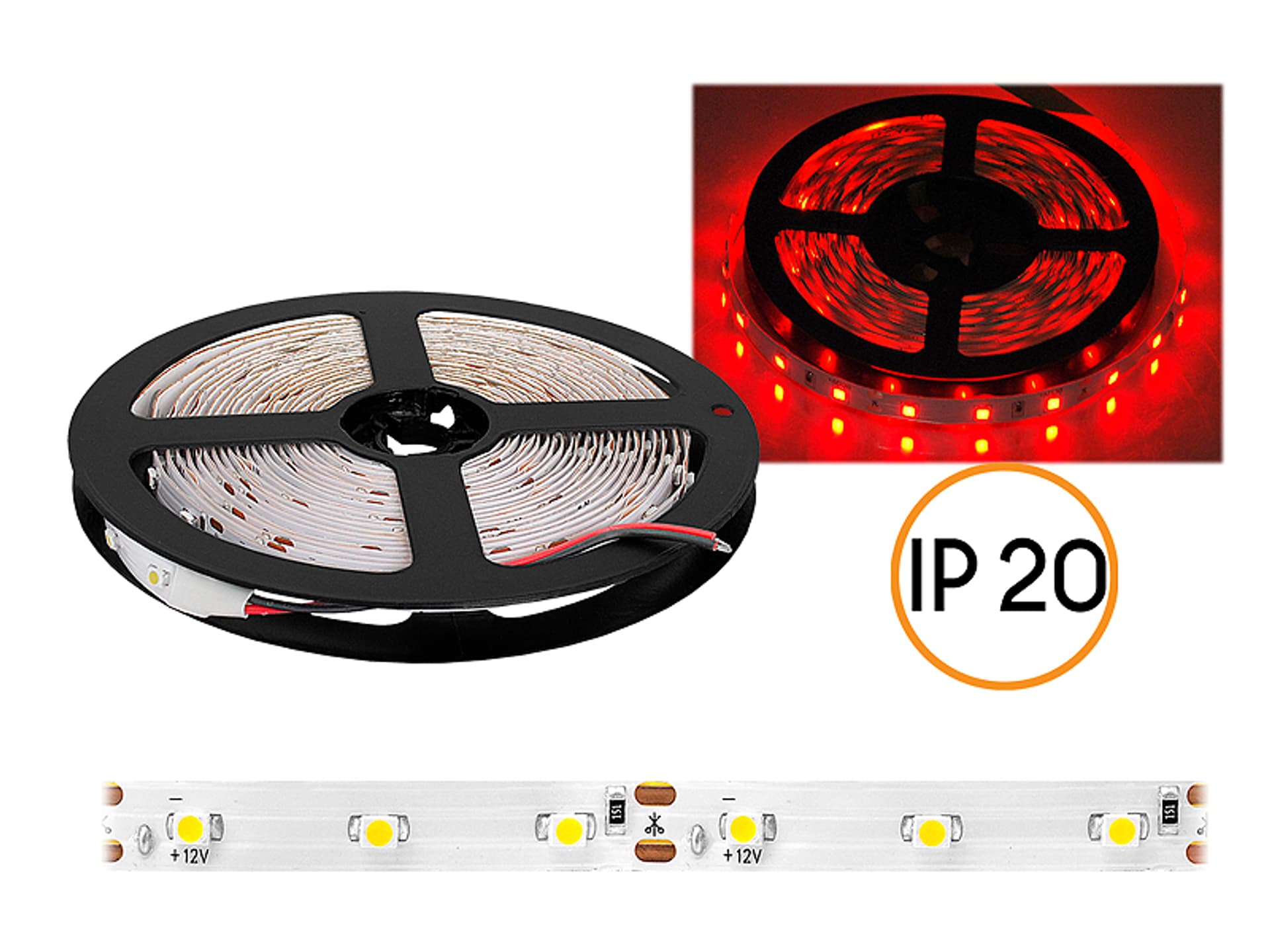 

1 szt. PS Sznur diodowy ECO IP20, czerwony, 300 diod SMD2835, 5m, białe podłoże.