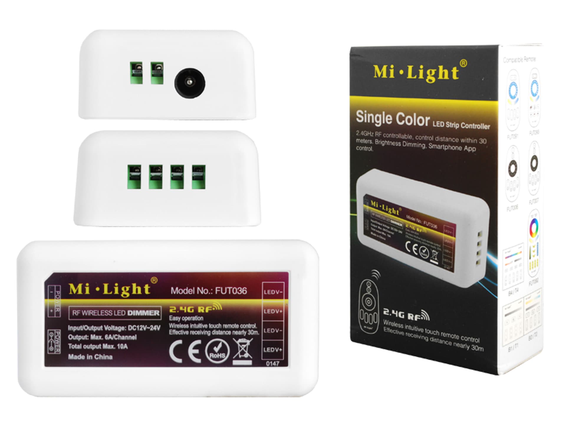 

1 szt. Mi-Light odbiornik ściemniacz dwukanałowy 2.4G/WiFi do pilotów 4-strefowych,sterowanie radiowe max.10A ,1 kanał max.6A.