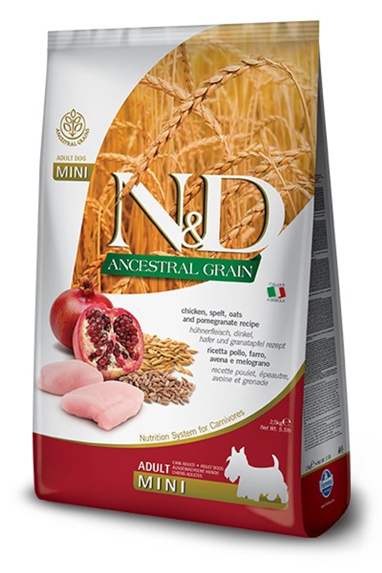 

FARMINA N&D ANCESTRAL GRAIN DOG CHICKEN, SPELT, OATS AND POMEGRANATE ADULT MINI - sucha karma dla psa - 7kg