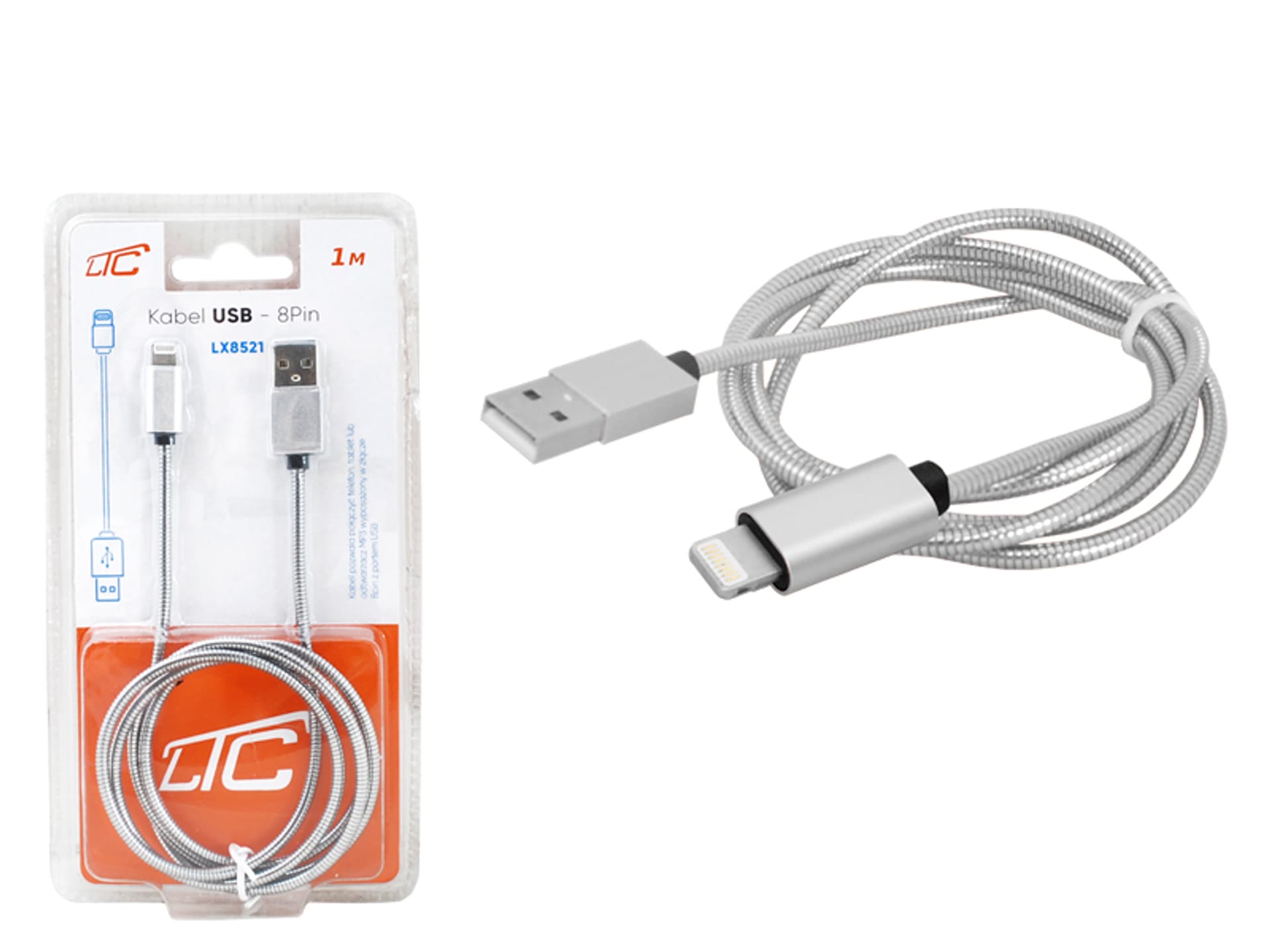 

1 szt. PS Kabel USB-Iphone 1m, srebrny.