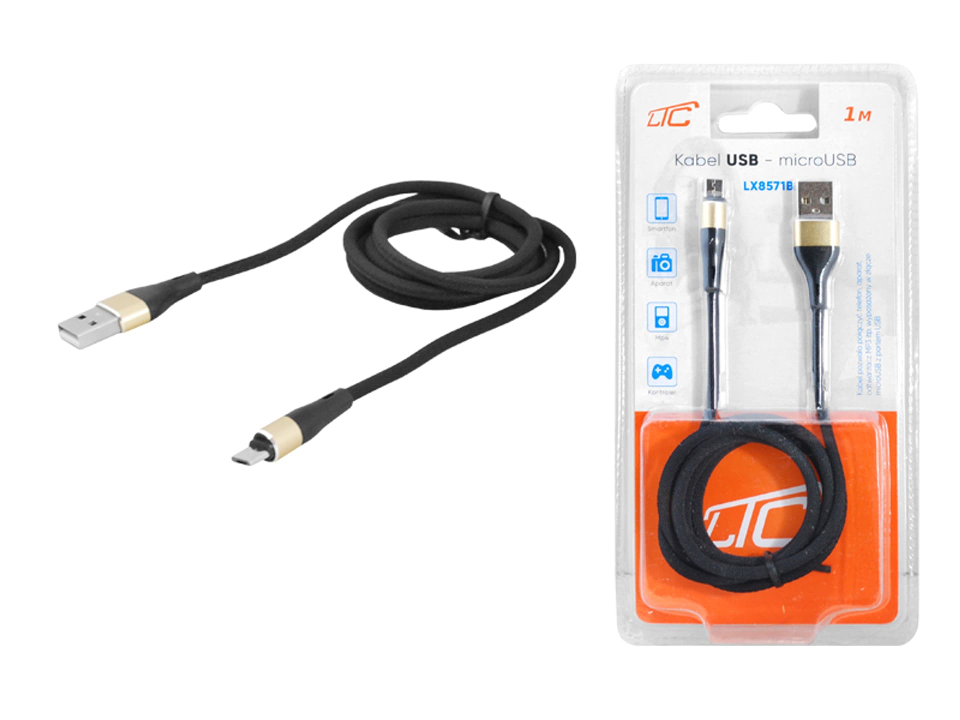 

1 szt. PS Kabel USB - microUSB, 1m, czarny.