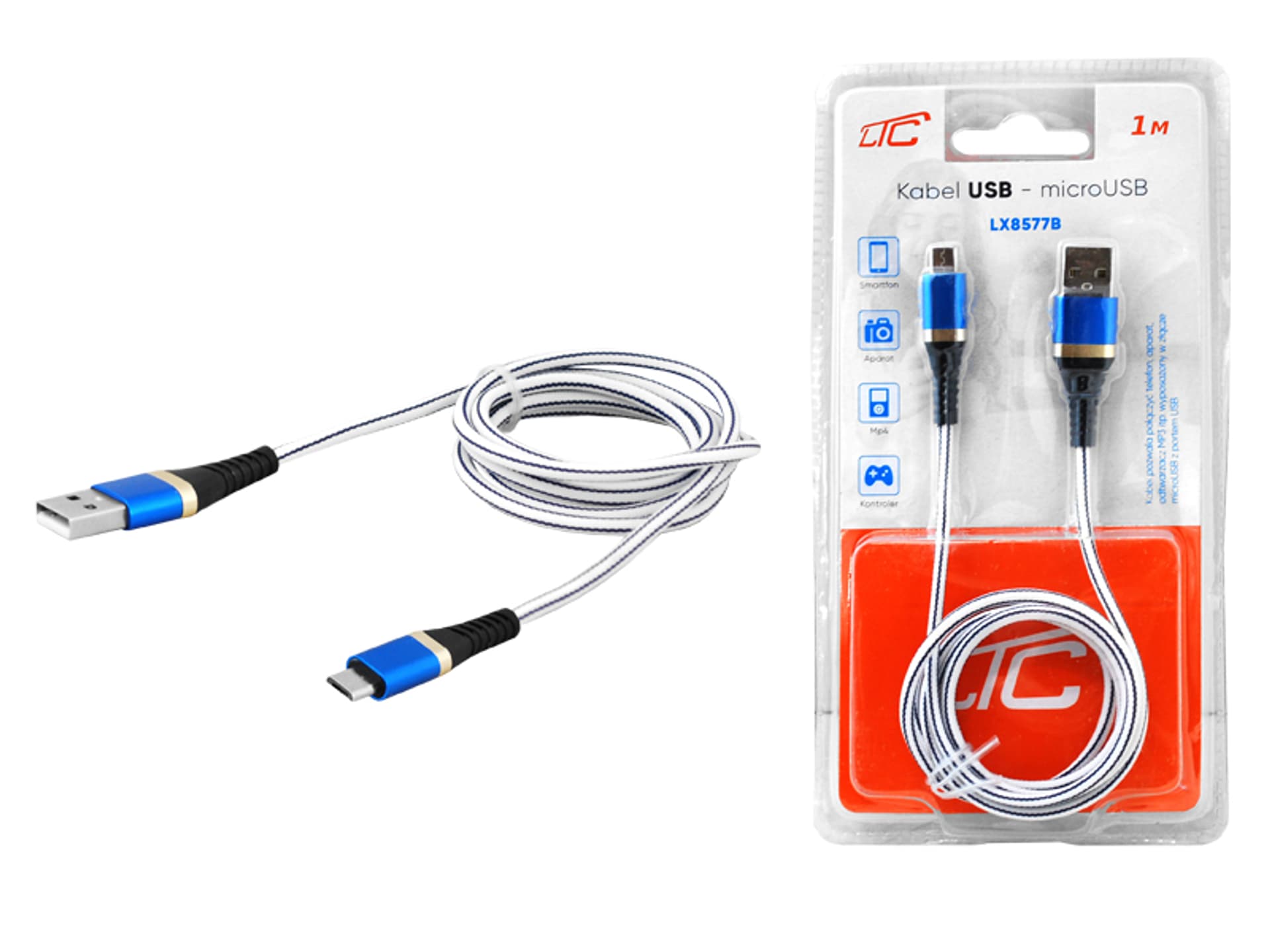 

1 szt. PS Kabel USB - microUSB, 1m, niebieski.