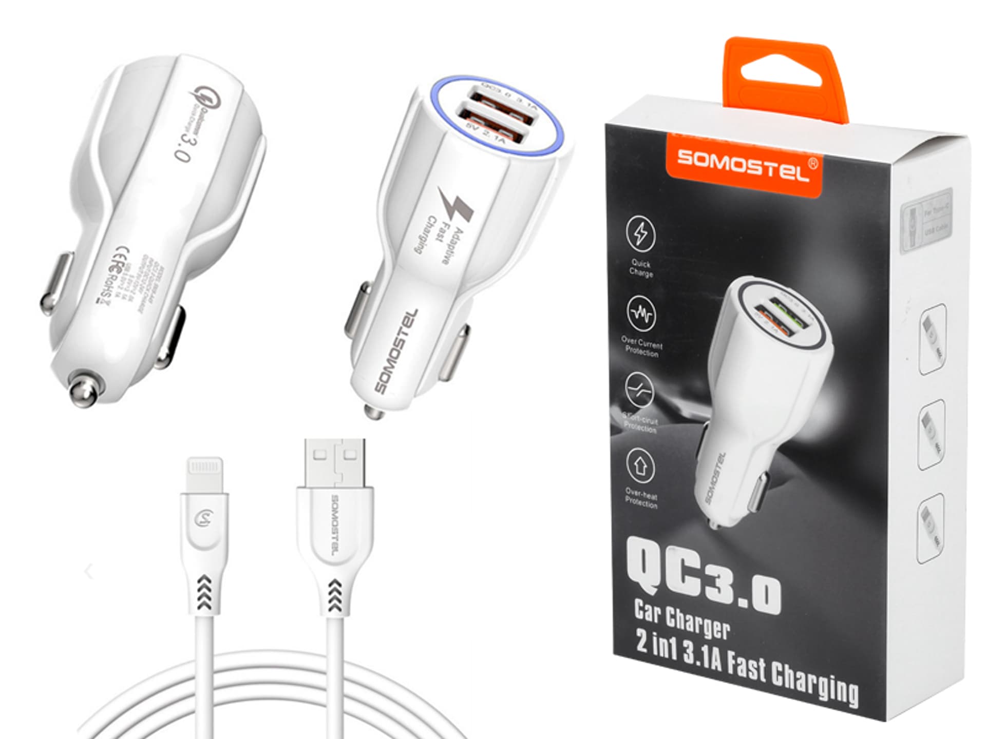 

1 szt. Ładowarka samochodowa Somostel SA45B, 2 x USB, 3 A + 2 A, QC 3.0, kabel iPhone, biała.