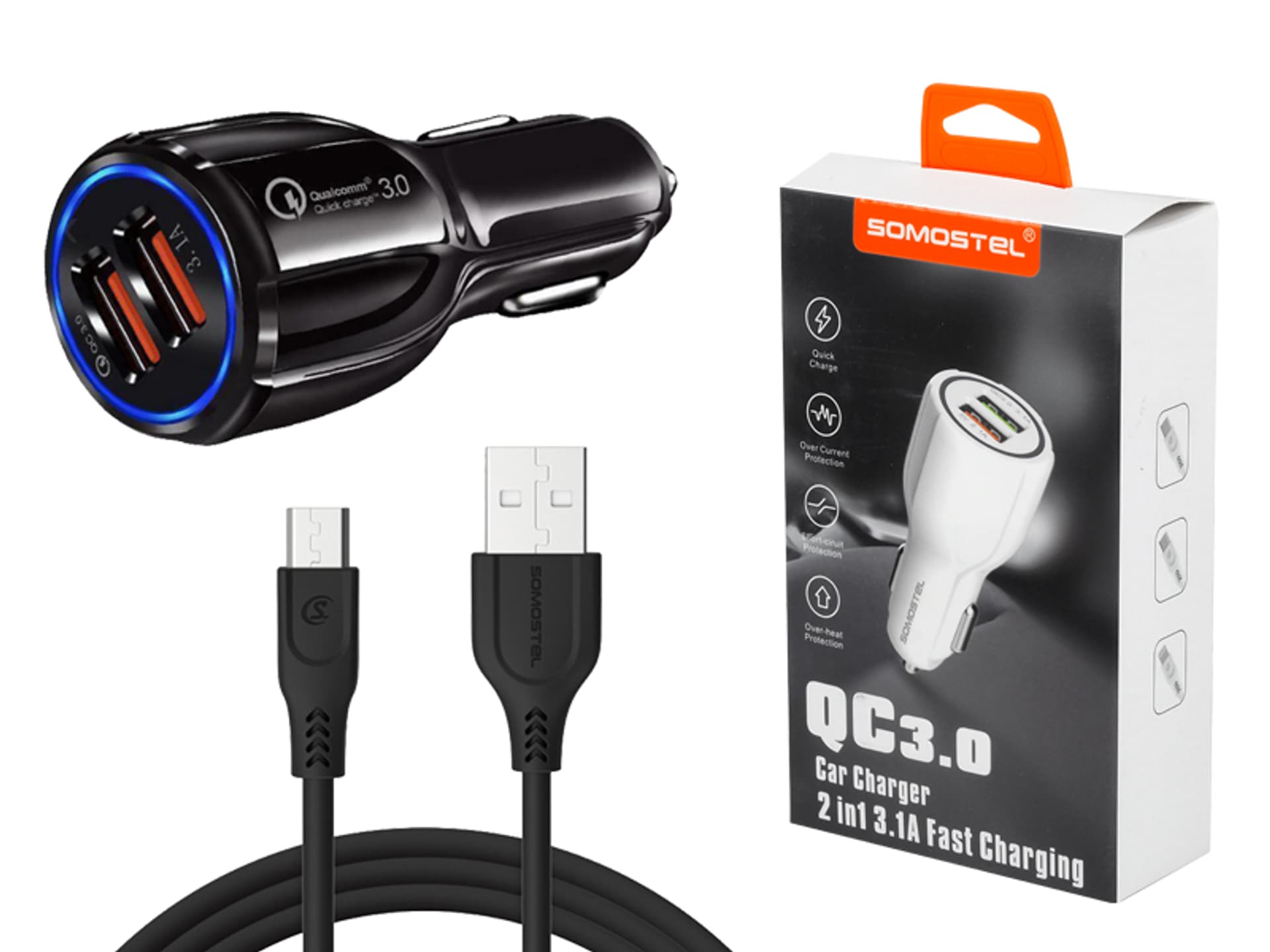 

1 szt. Ładowarka samochodowa Somostel SA45B, dual 2xUSB, 3.1 A + 2.1 A, kabel micro USB, czarna.