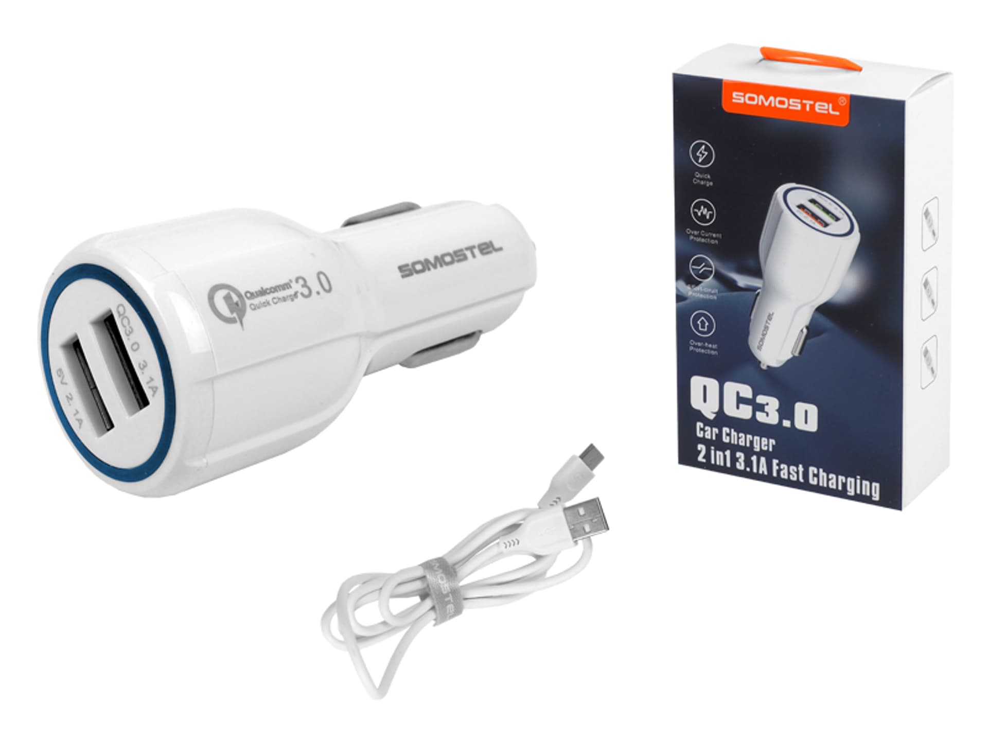 

1 szt. Ładowarka samochodowa Somostel SA45B, 2 x USB, 3 A + 2 A, QC 3.0, kabel USB Type C, biała.