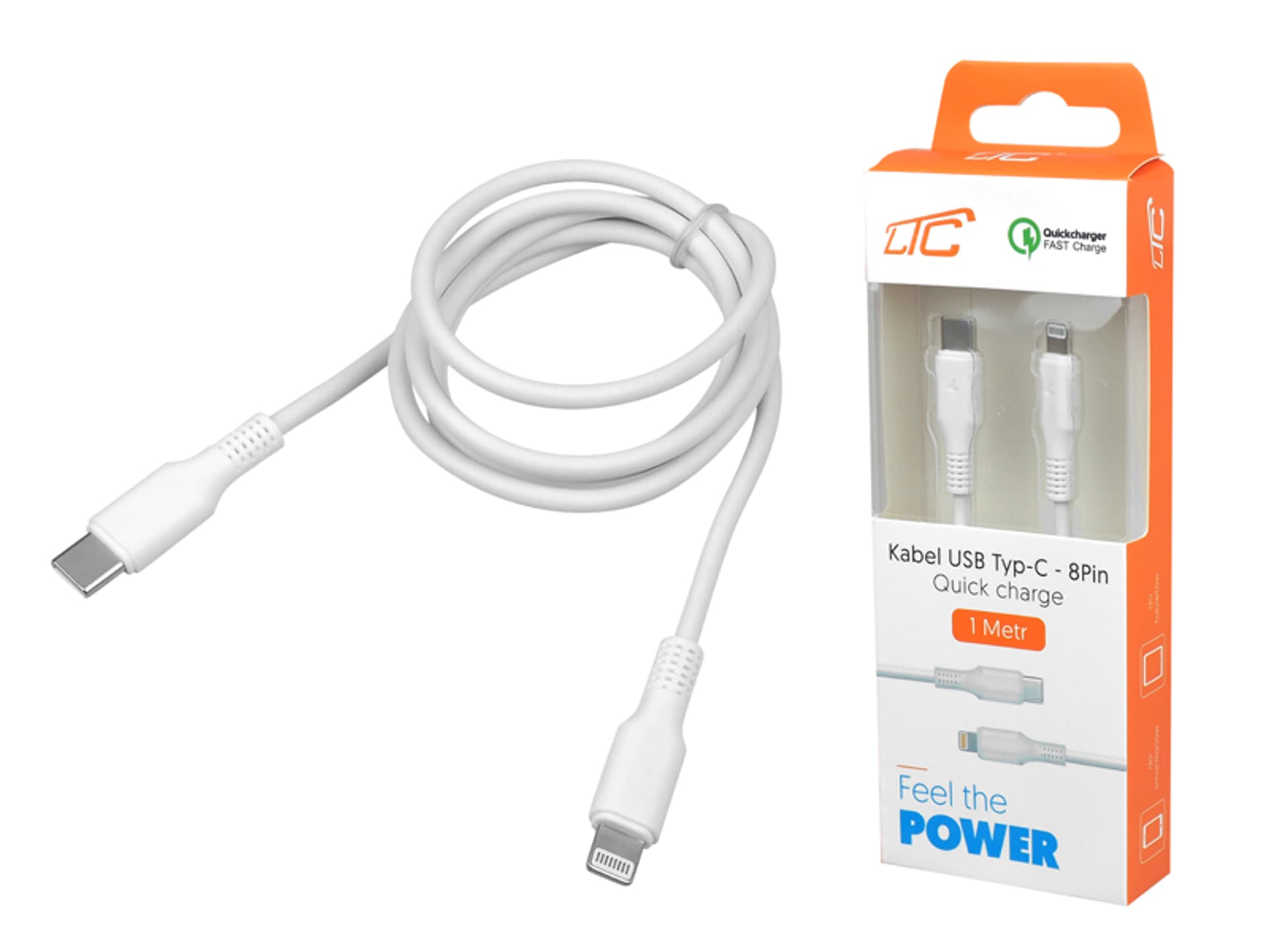 

1 szt. PR Kabel TypeC - 8PIN, 1m, biały, Quick Charge.