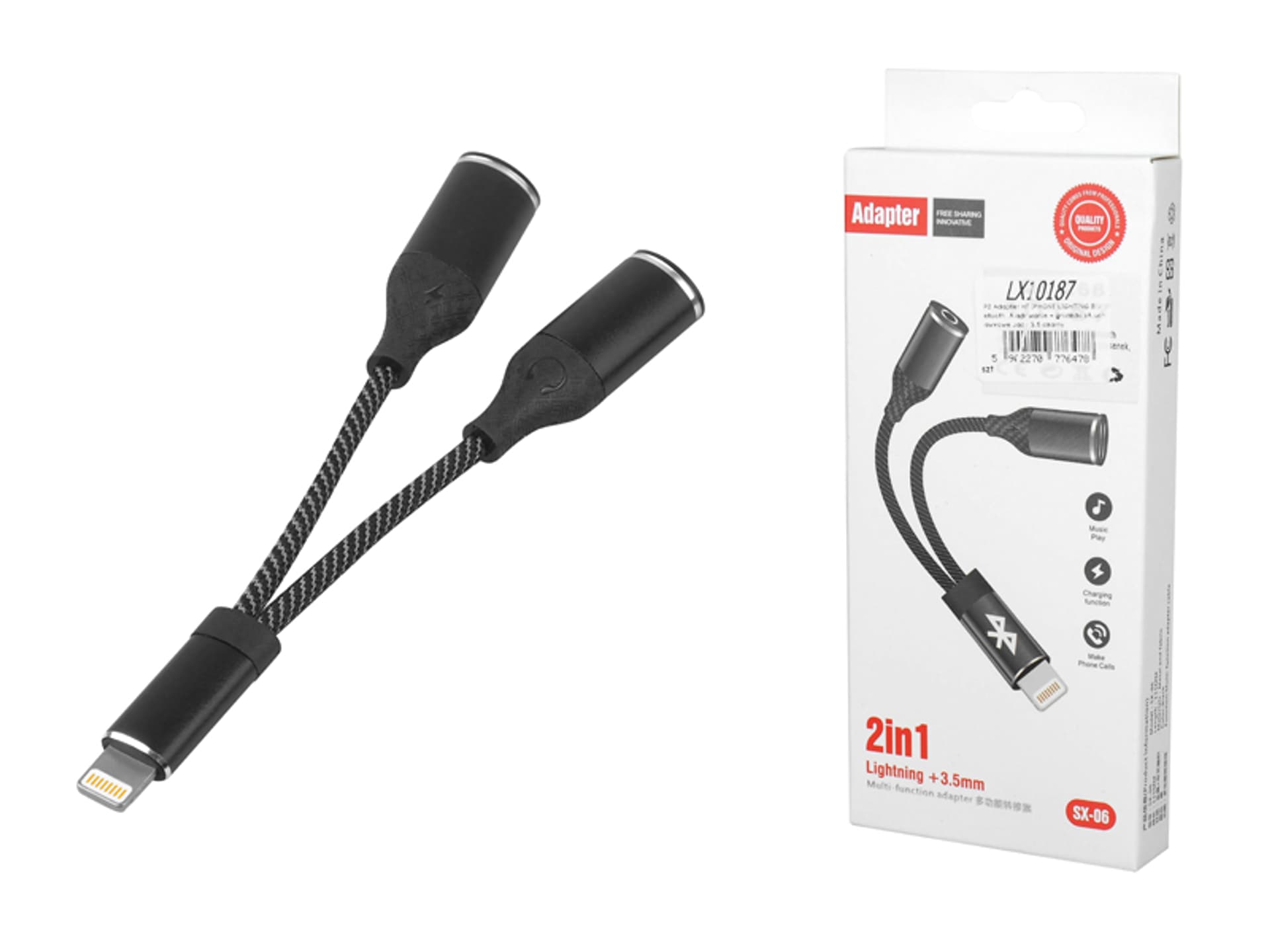 

1 szt. Adapter HF IPHONE LIGHTING Bluetooth, ładowanie + gniazdo słuchawkowe Jack 3.5, czarny.