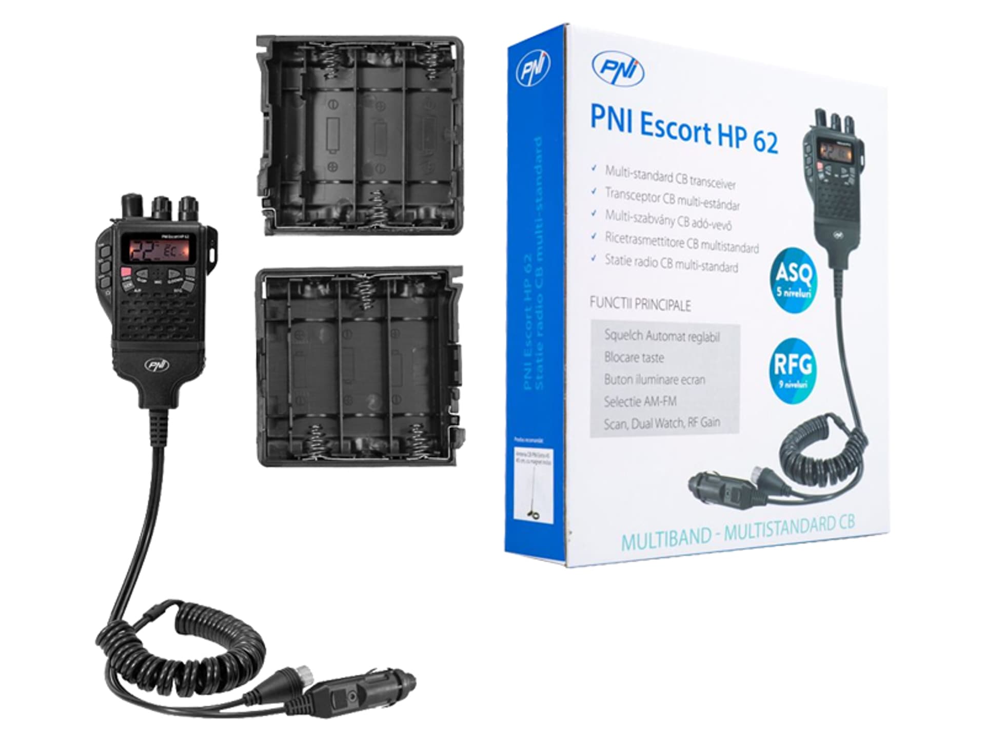 

Radio CB HP62AC ręczne z anteną BNC i koszykiem na baterie. (1LM)