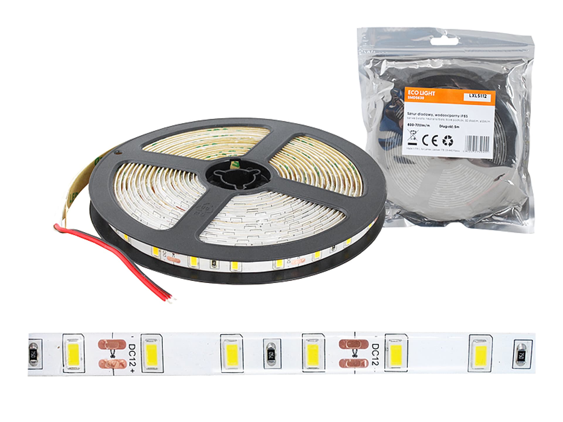 

1 rol. PS Sznur diodowy 5630, światło neutralne białe (4000K), 300 diod, białe podłoże, IP65, 5m.