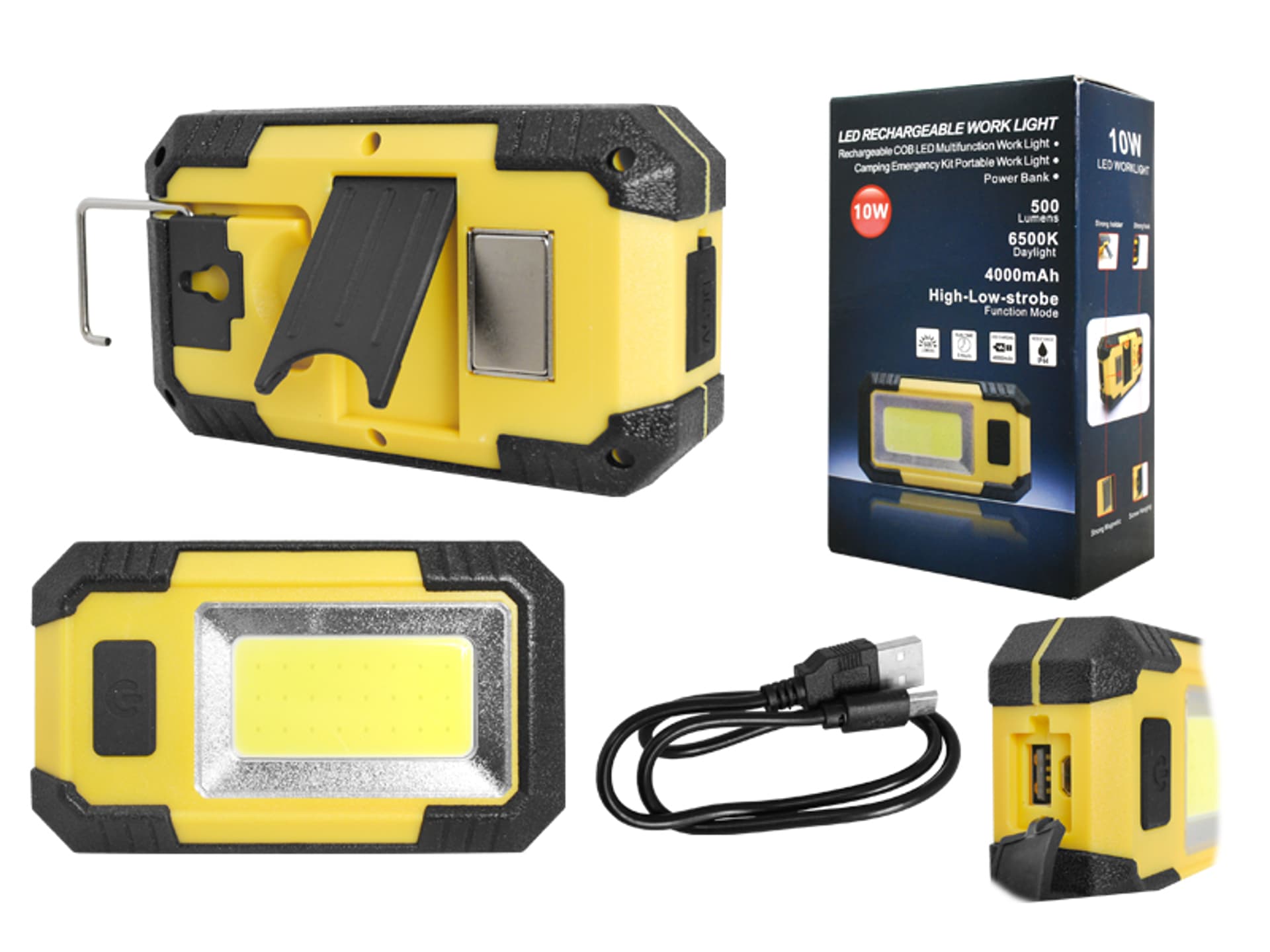 

1 szt. PS Lampa robocza LED COB 10W 6000K/IP44 z akumulatorem i mag. 600lm+USB CHARGING 4000mAh.