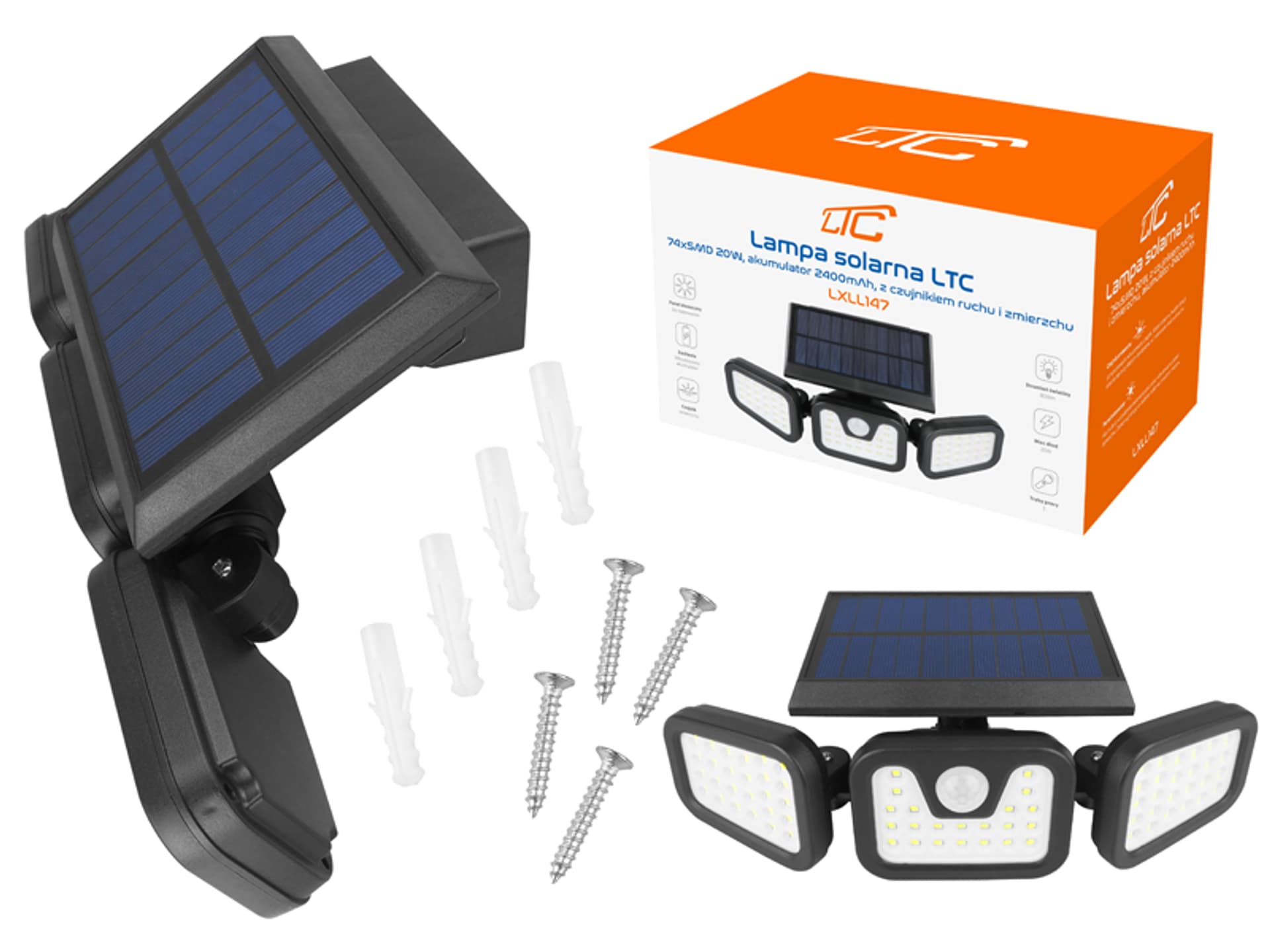 

Lampa solarna LTC 74 x LED SMD, 20 W, czujnik ruchu i zmierzchu, regulacja kąta świecenia, akumulator 2400 mAh. (1LM)