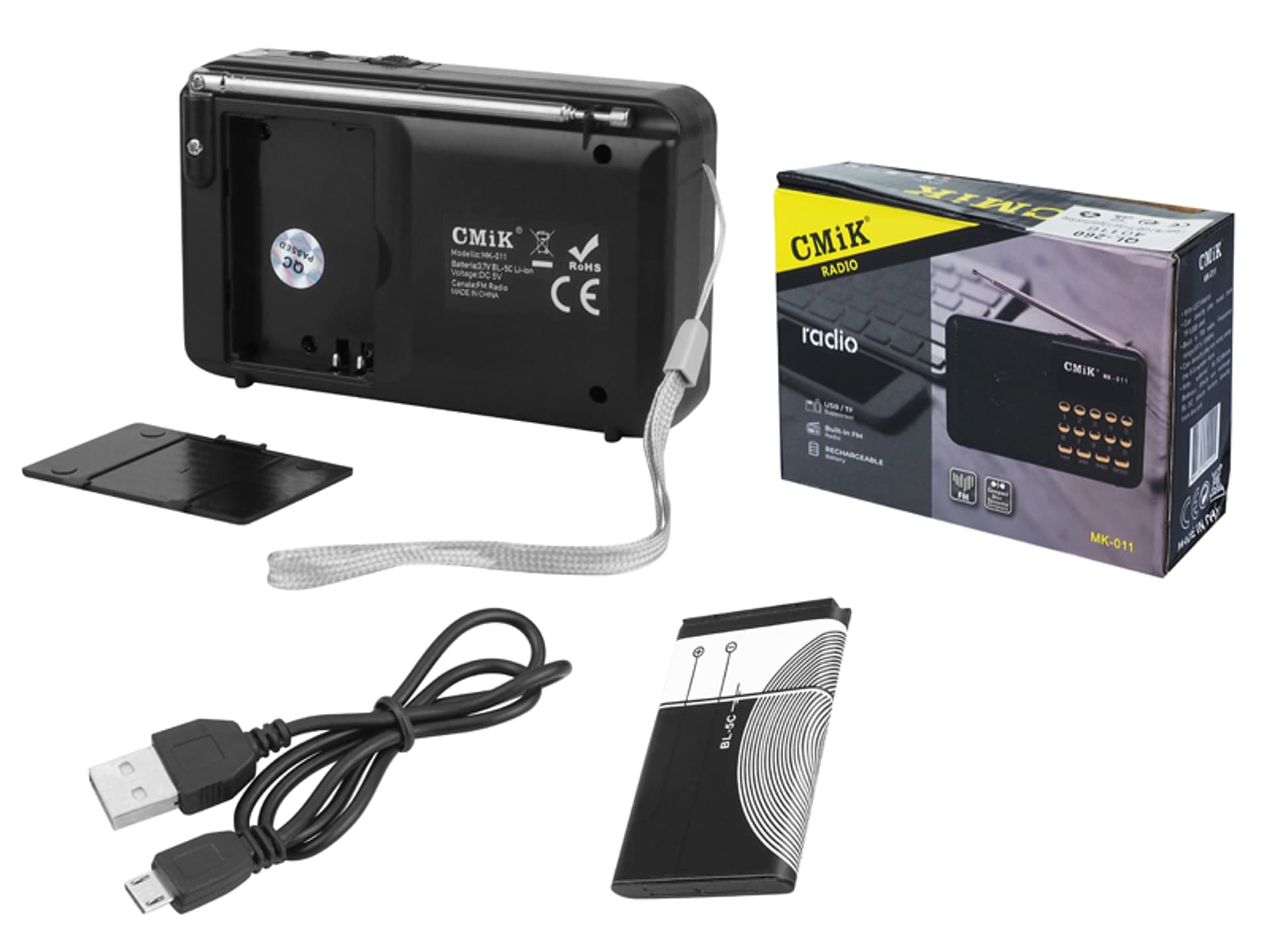 

1 szt. Radio przenośne MK-011 wyświetlacz, USB, MicroSD, AUX z baterią BL-5C i kablem Micro USB, czarne.