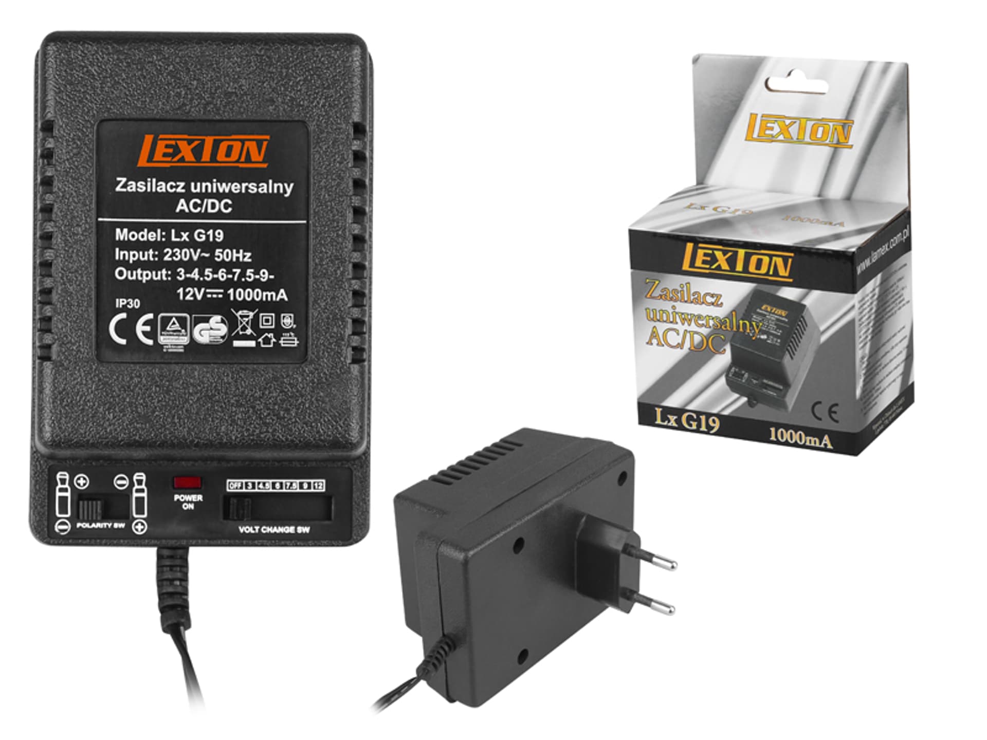 

1 szt. PS Zasilacz regulowany LEXTON 3 V-12 V / 1000 mA.