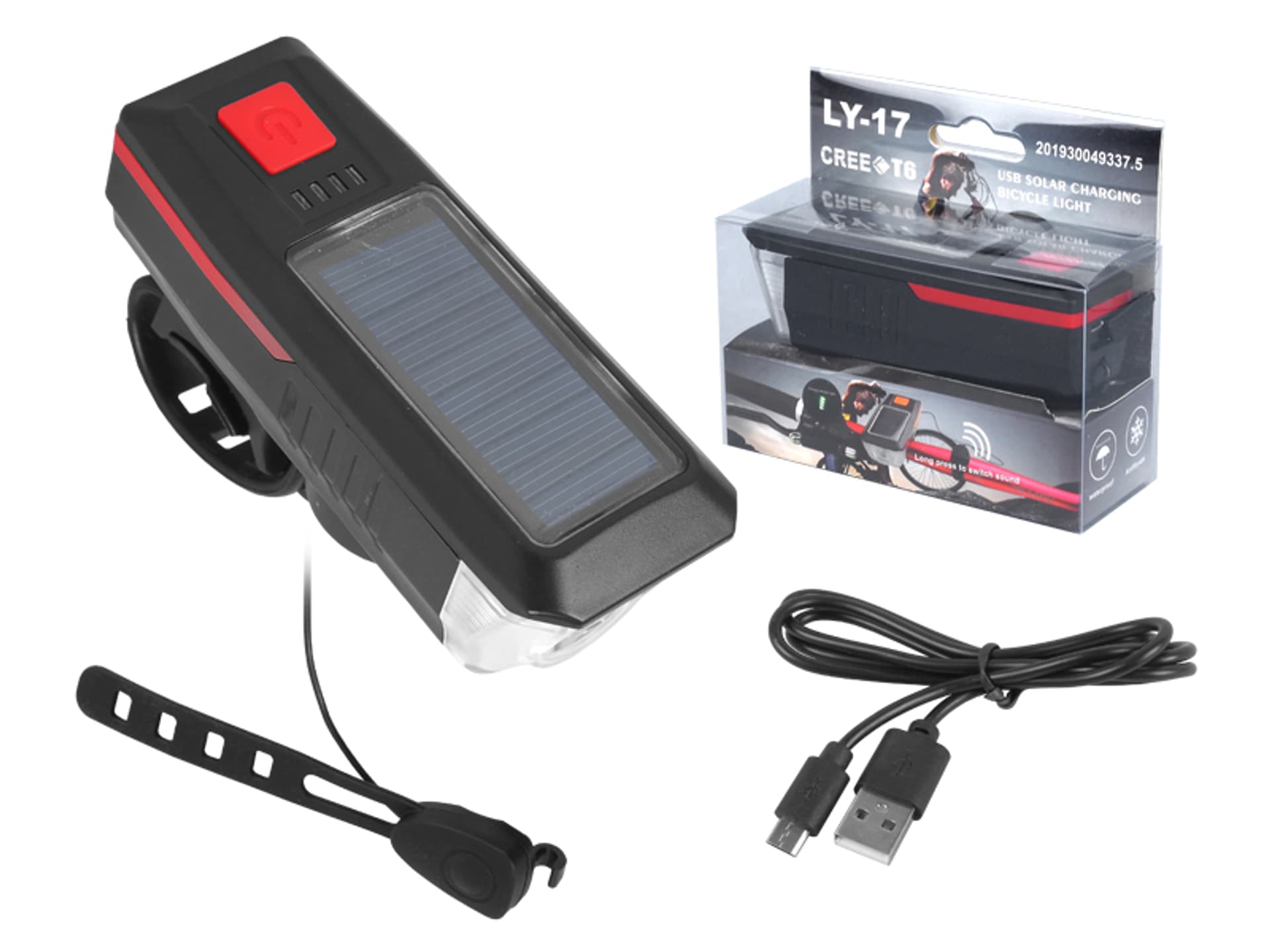 

1 szt. Lampa rowerowa 1 x LED CREE T6, panel solarny, akumulator, klakson, 3-stponiowa regulacja jasności, wskaźnik poziomu naładowania, wodoodporna.