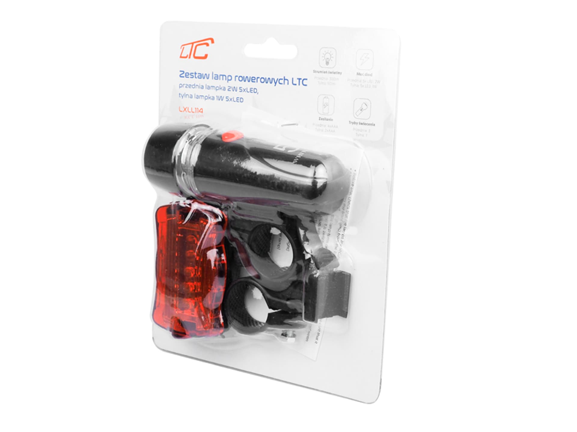 

Zestaw lamp rowerowych LTC, 2 W 5 x LED, 1 W 5 x LED, 300+50 lm, 3 tryby świecenia, 4 x AAA, tylna lampka 7 trybów świecenia