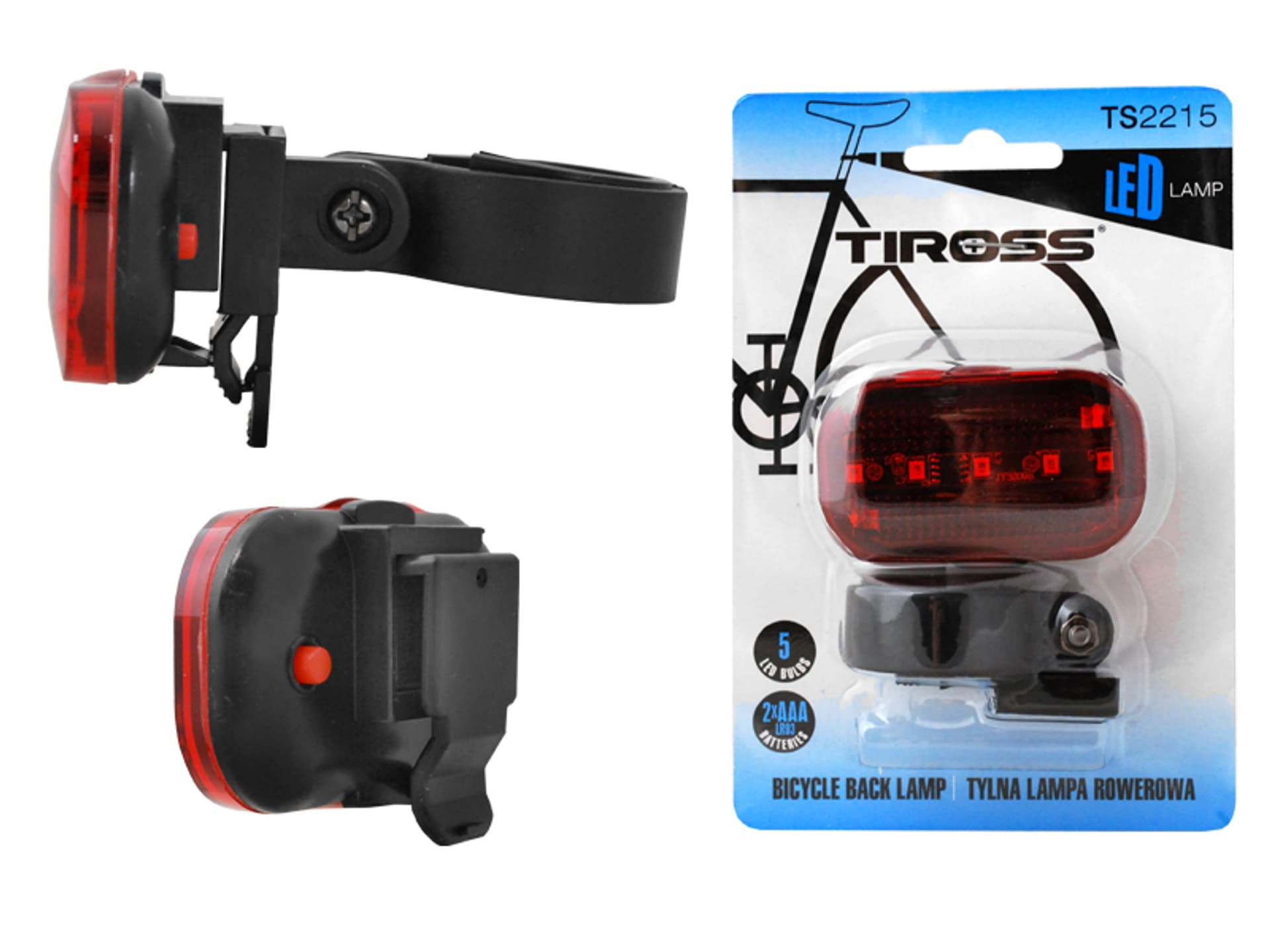 

Tylna lampka rowerowa 5-LED 3xAAA z uchwytem 3 tryby pracy. (1LM)