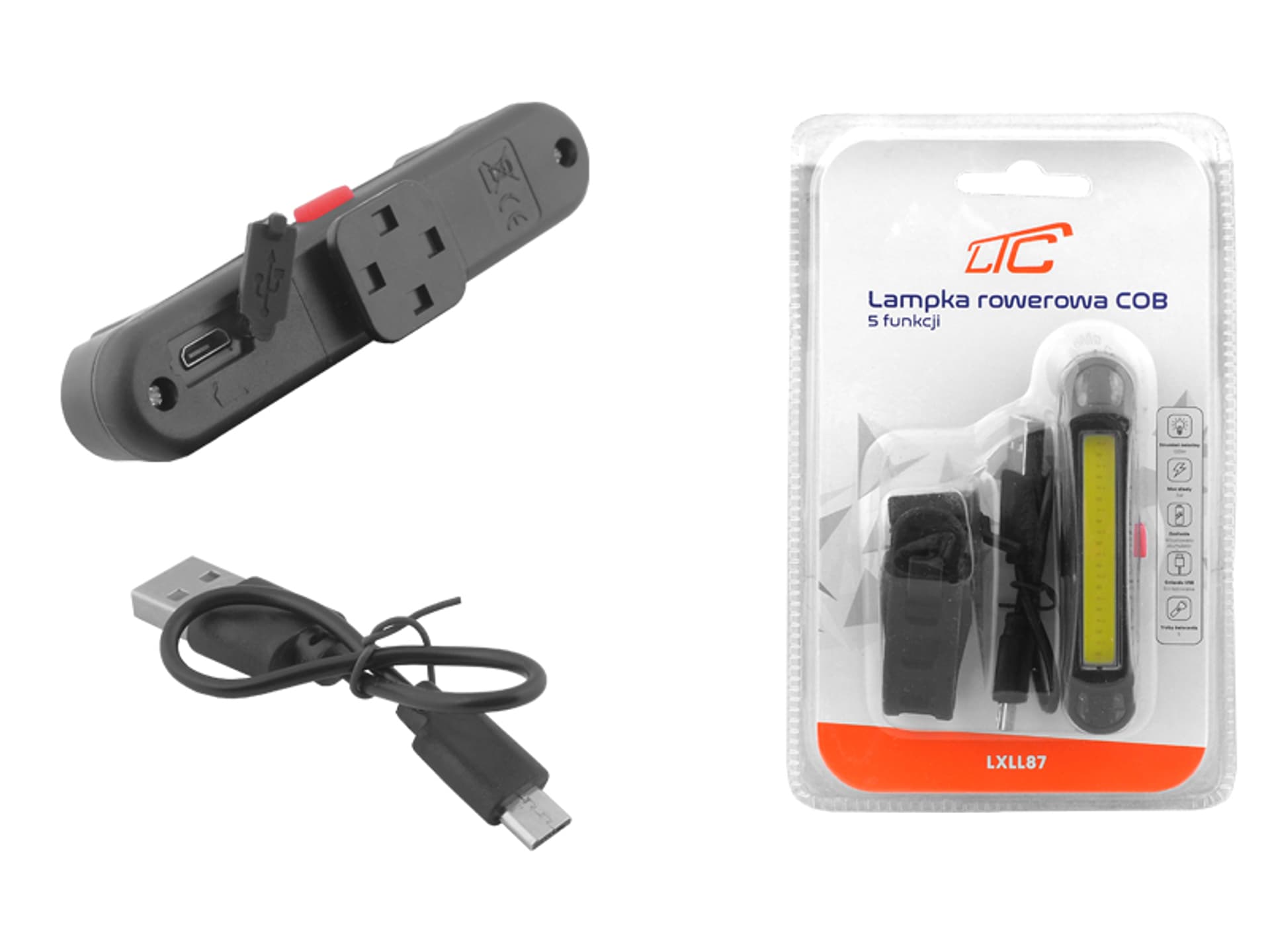 

Lampka rowerowa LTC LED COB biało/czerwony, akumulator 450 mAh, 5 trybów świecenia. (1LM)