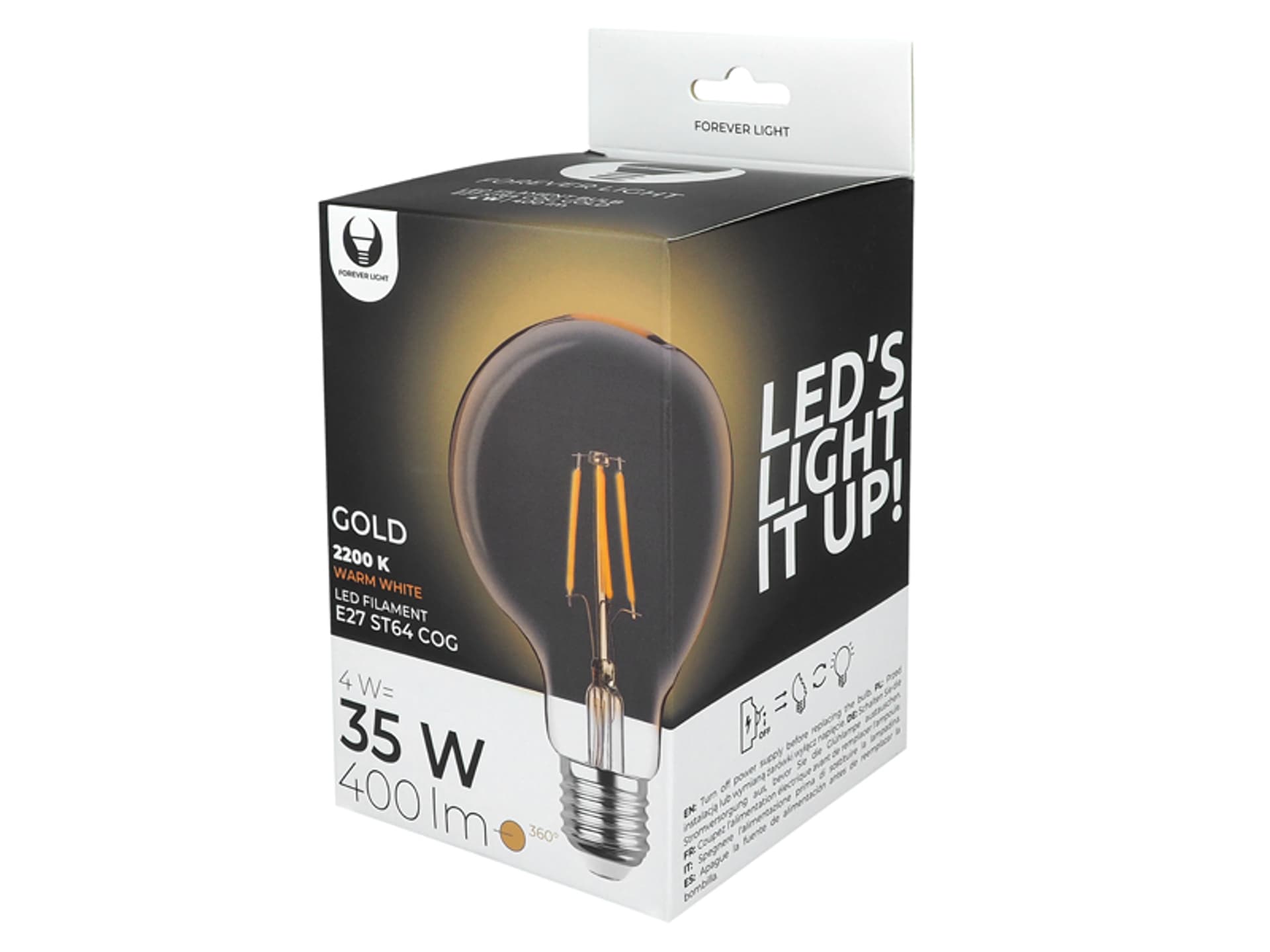 

Żarówka LED Filament E27 G95 4W 230V 2200K 400lm COG złota forever Light (1LM)