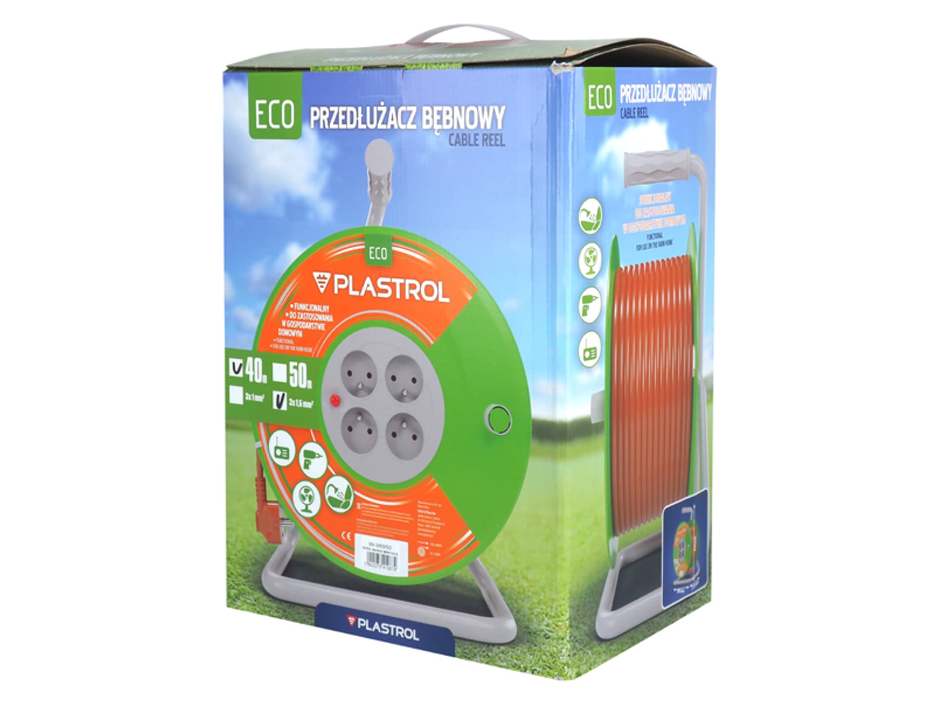 

1 szt. PS Przedłużacz bębnowy ECO LINE, 4x2p+Z, 16A,3680W, przewód 3x1,5mm H05VV-F, 40m, pomarańczowy.