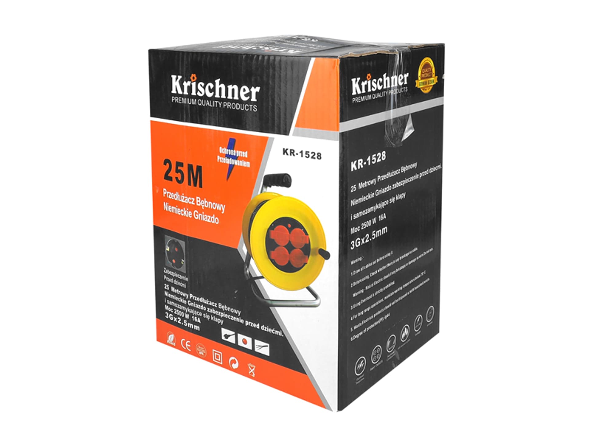 

1 szt. Przedłużacz bębnowy Krischner izol. guma 4x2p+Z, 16A3x2,5mm 25m z klapką Schuko