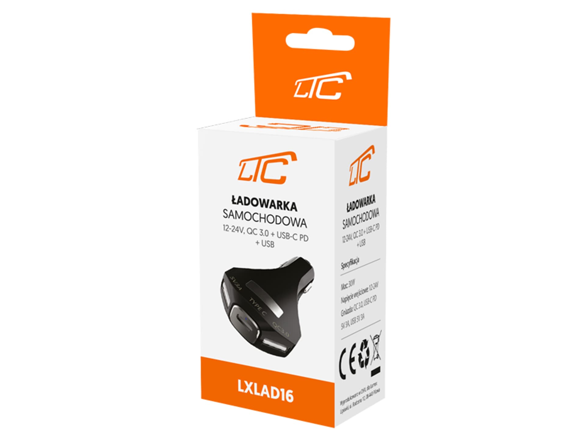 

Ładowarka samochodowa LTC Quick Charger, QC 3.0, 18 W, 12-24 V/3 A, 2 x USB-A + USB Type-C, czarna. (1LM)