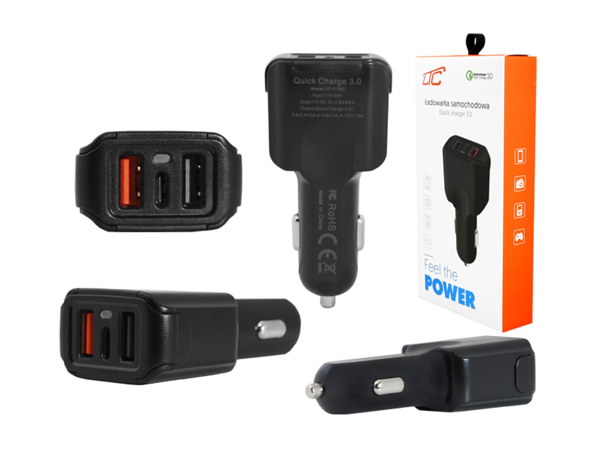 

1 szt. PS Ładowarka samochodowa LTC Quick Charger 3.0 3A + Type-C 3A + USB 2,1A.