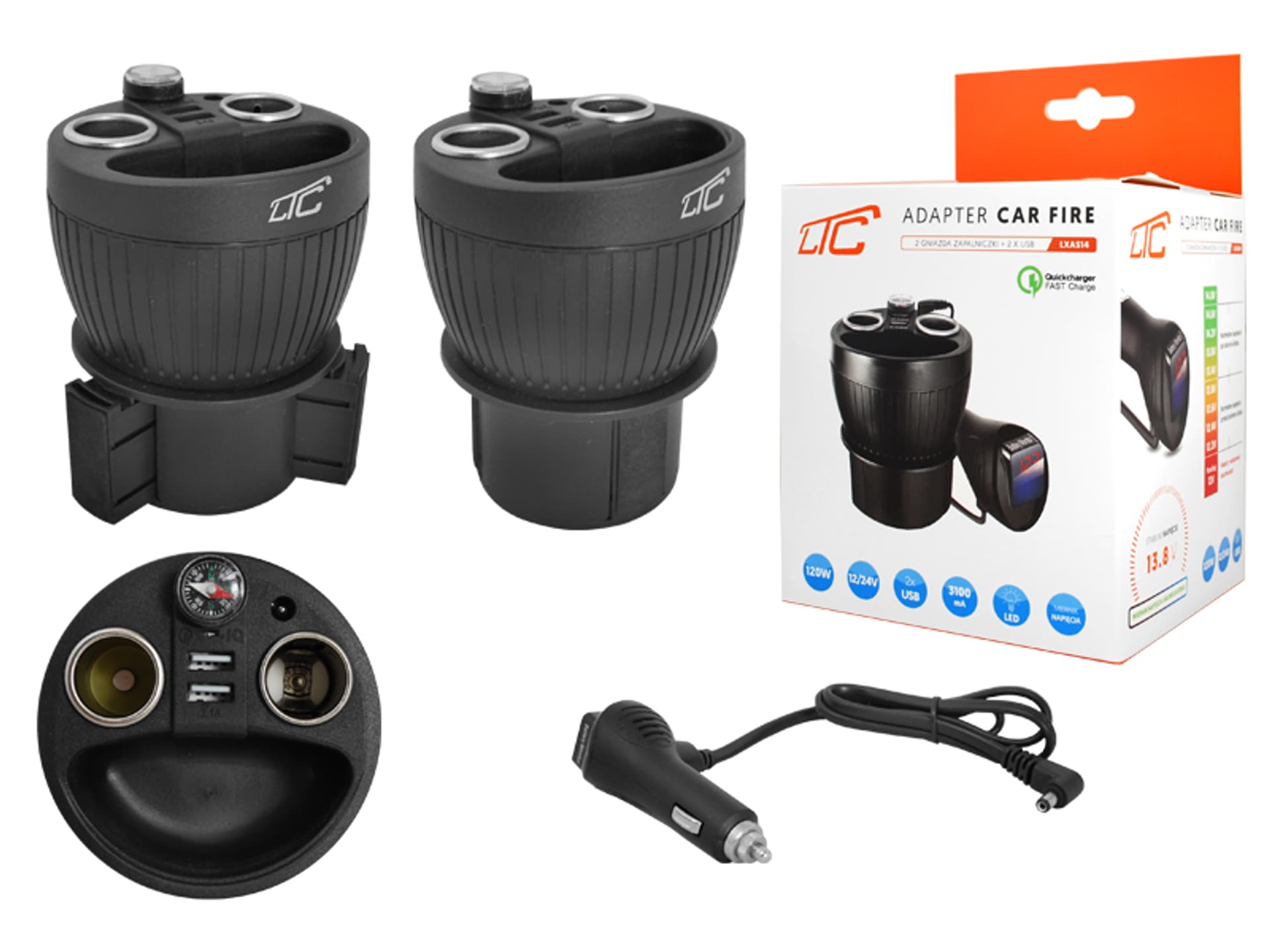 

1 szt. LTC Adapter CAR FIRE Kubek 120W, 2 gniazda USB 3,1A, Quickcharger.