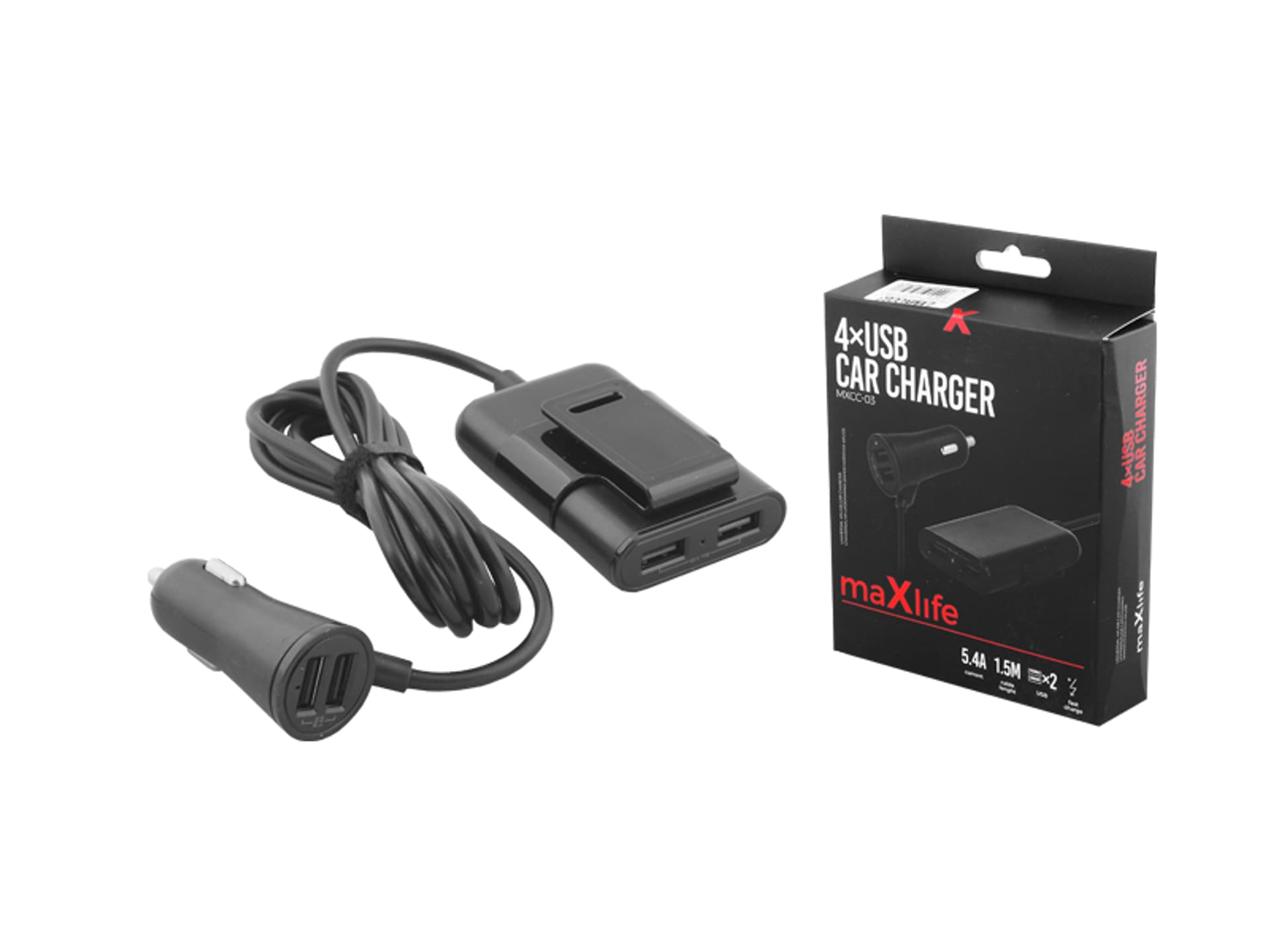 

1 szt. Ładowarka samochodowa Maxlife MXCC-03 na kablu 4 x USB, PC-01 5,4A dla pasażerów.