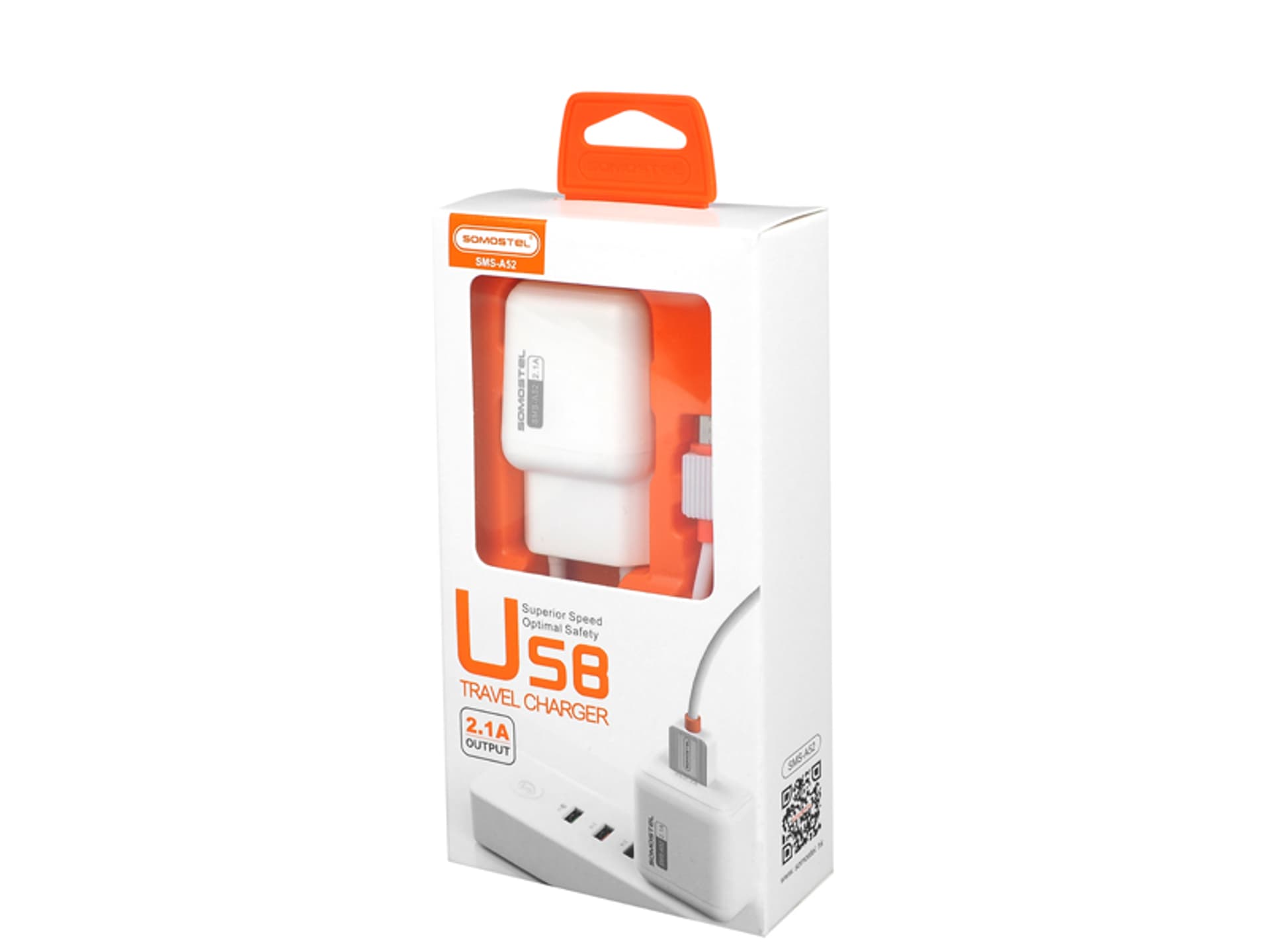 

1 szt. Ładowarka sieciowa SOMOSTEL 2A+KABEL MICRO USB biała 2100mAh SMS-A52