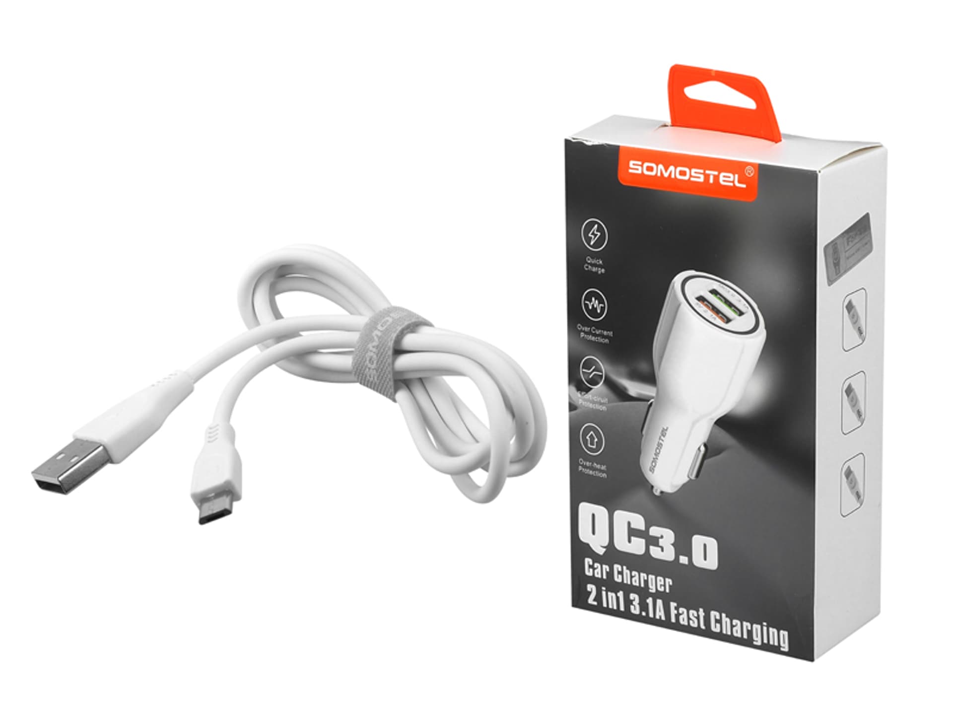 

ŁADOWARKA SAM. BIAŁA + KABEL MICRO SOMOSTEL 3100mAh + 2100mAh, 2XUSB DUAL, SA45W. (1LM)