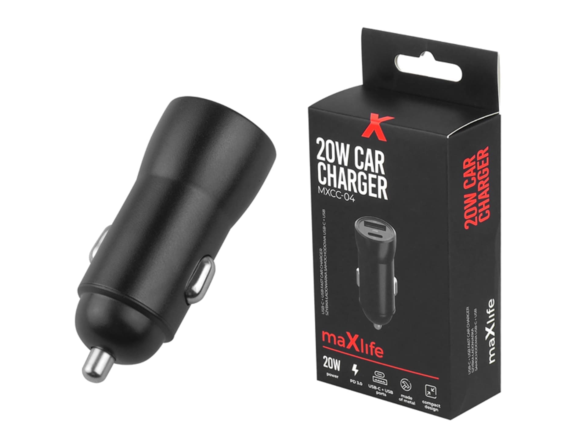 

1 szt. MAXLIFE ładowarka samochodowa PD3.0+QC3.0 1xUSB Type-C/USB 20W czarna HQ.