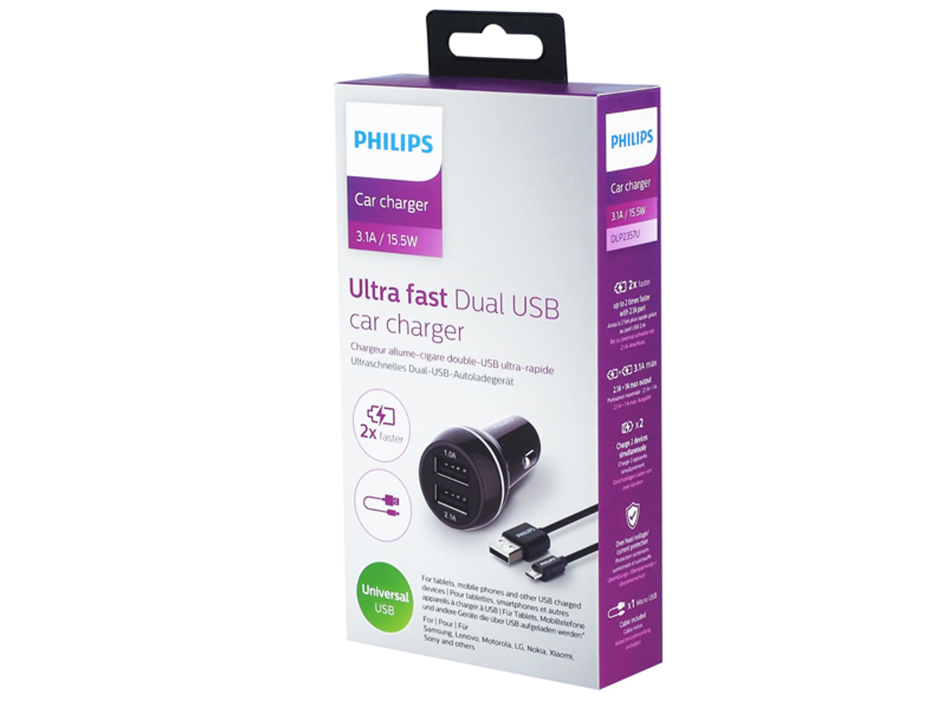 

1 szt. PS Ładowarka PHILIPS samochodowa 2A+1A 2xUSB DUAL, 3100mAh, 15,5W + kabel microUSB, QUICK CHARGER DPL2357U/10.
