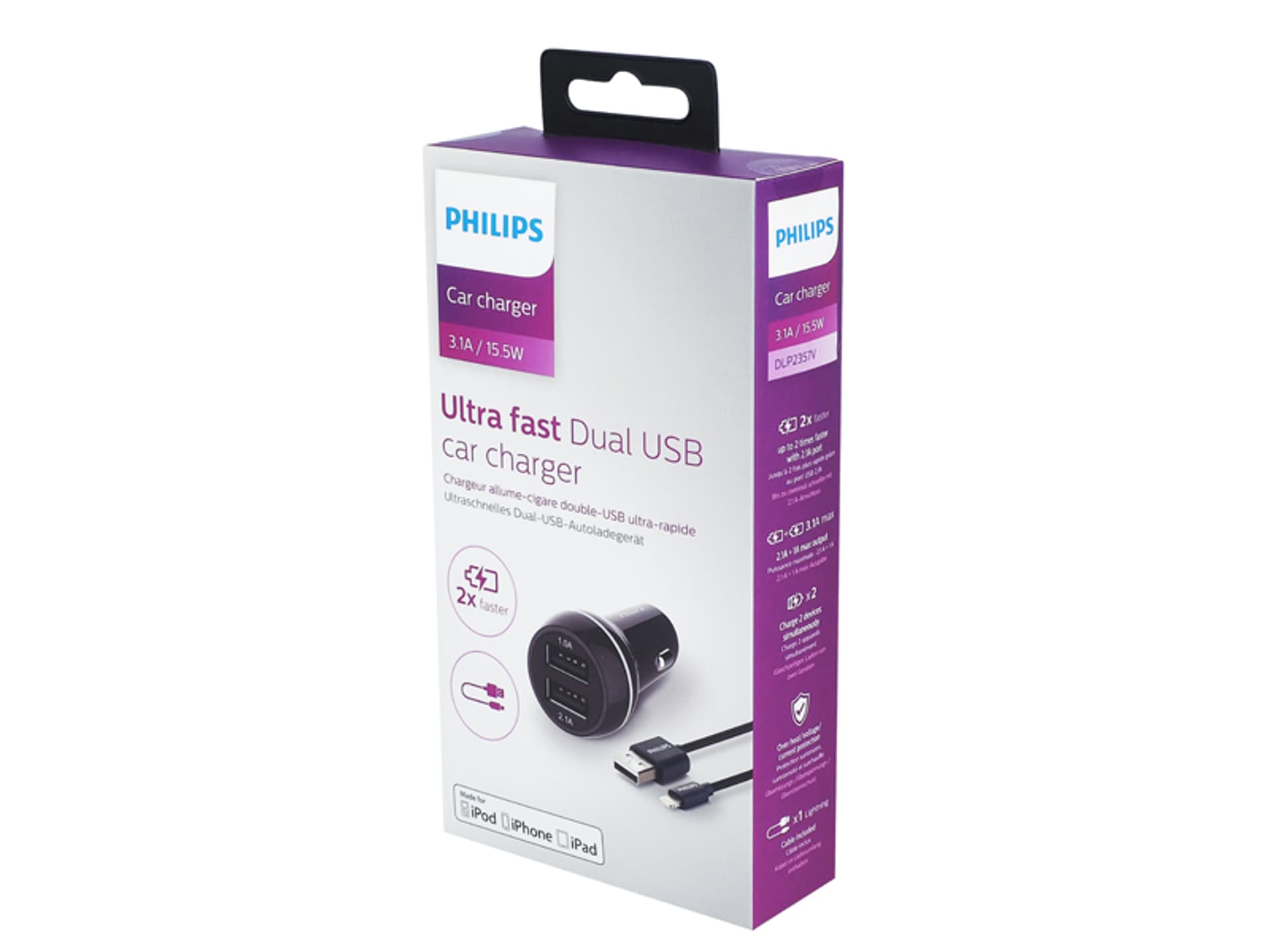 

1 szt. ŁADOWARKA SAMOCHODOWA PHILIPS 2A+1A KABEL IPHONE MFI 3100mAh 2xUSB, DUAL, 15,5W, QUICK CHARGER, DLP2357V/10.