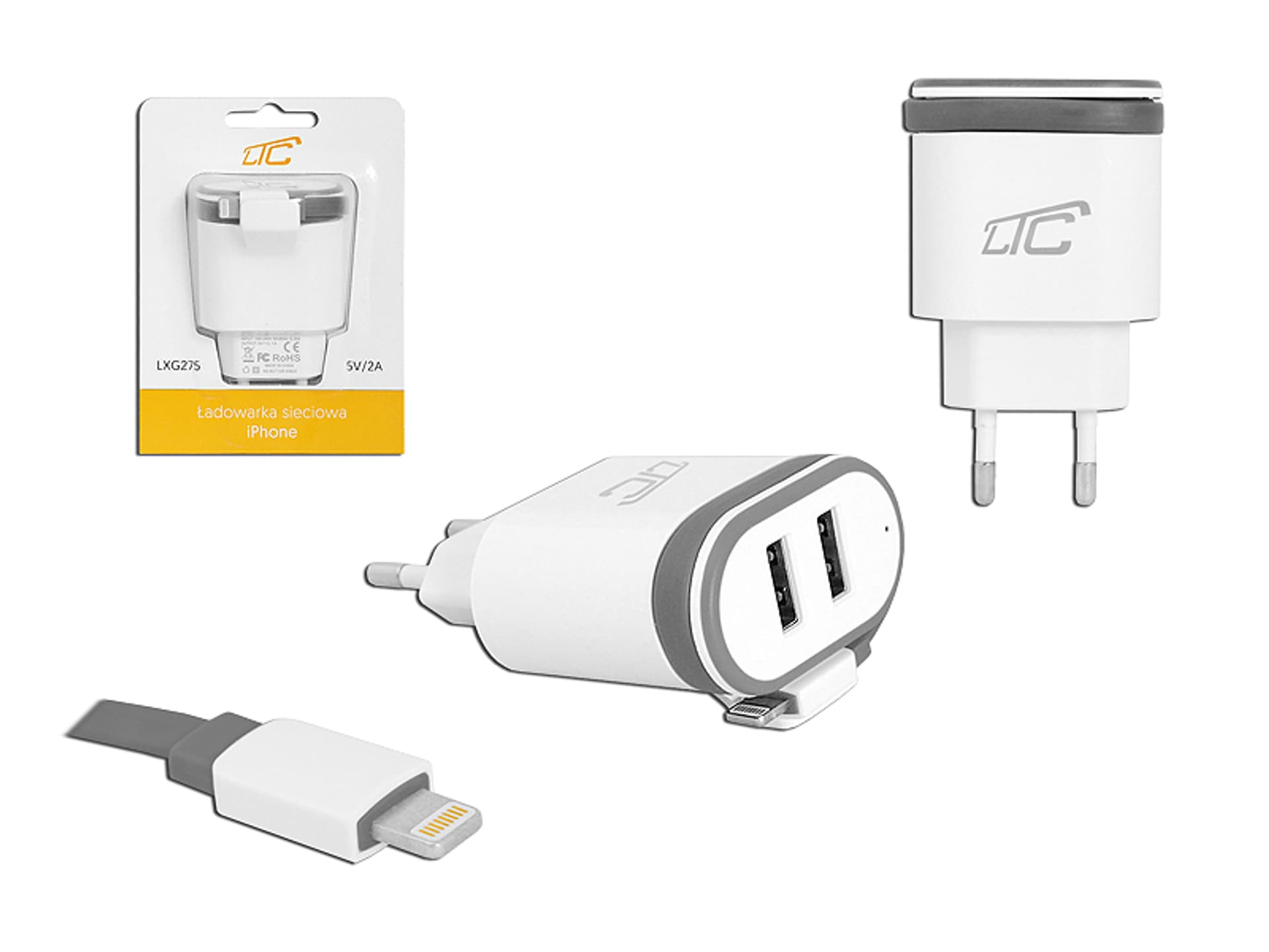 

1 szt. Ładowarka sieciowa LTC 2xUSB 2A + kabel 20cm Iphone 2A.