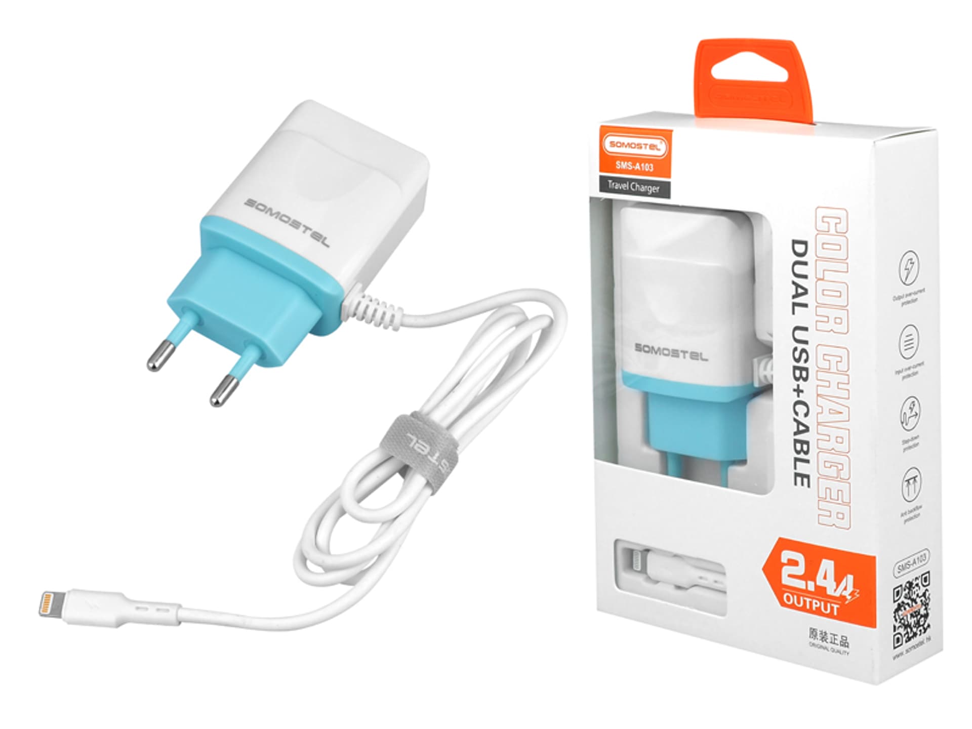 

Ładowarka sieciowa Somostel SMS-A1032A, 2 x USB + kabel iPhone, 2.4 A, biała. (1LM)