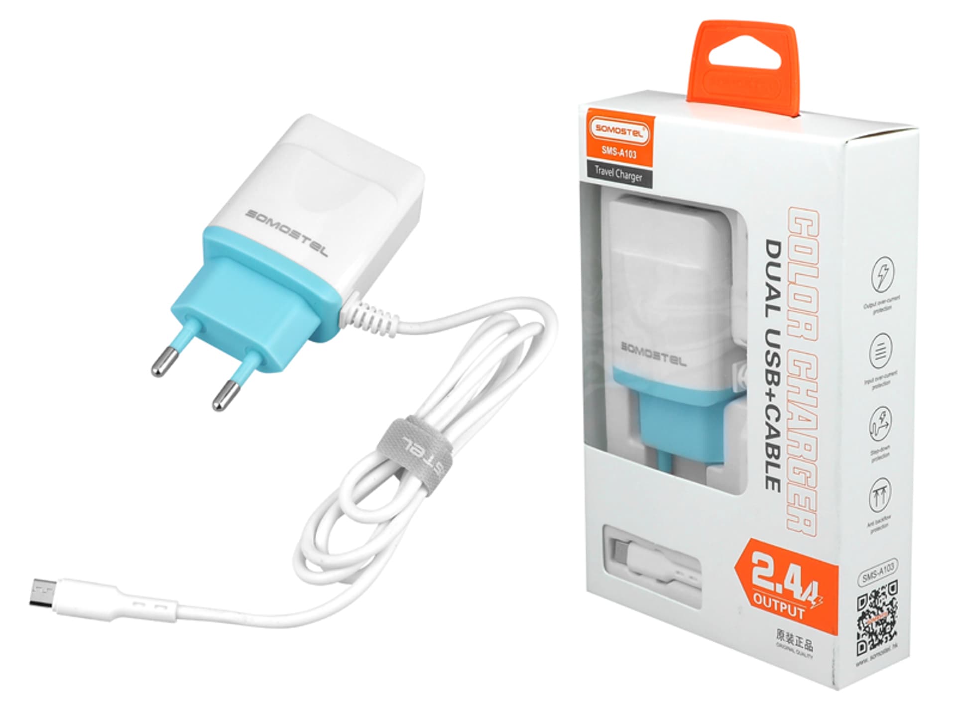 

1 szt. Ładowarka sieciowa Somostel SMS-A103, 2 x USB + kabel Micro USB, 2.4 A, biała.