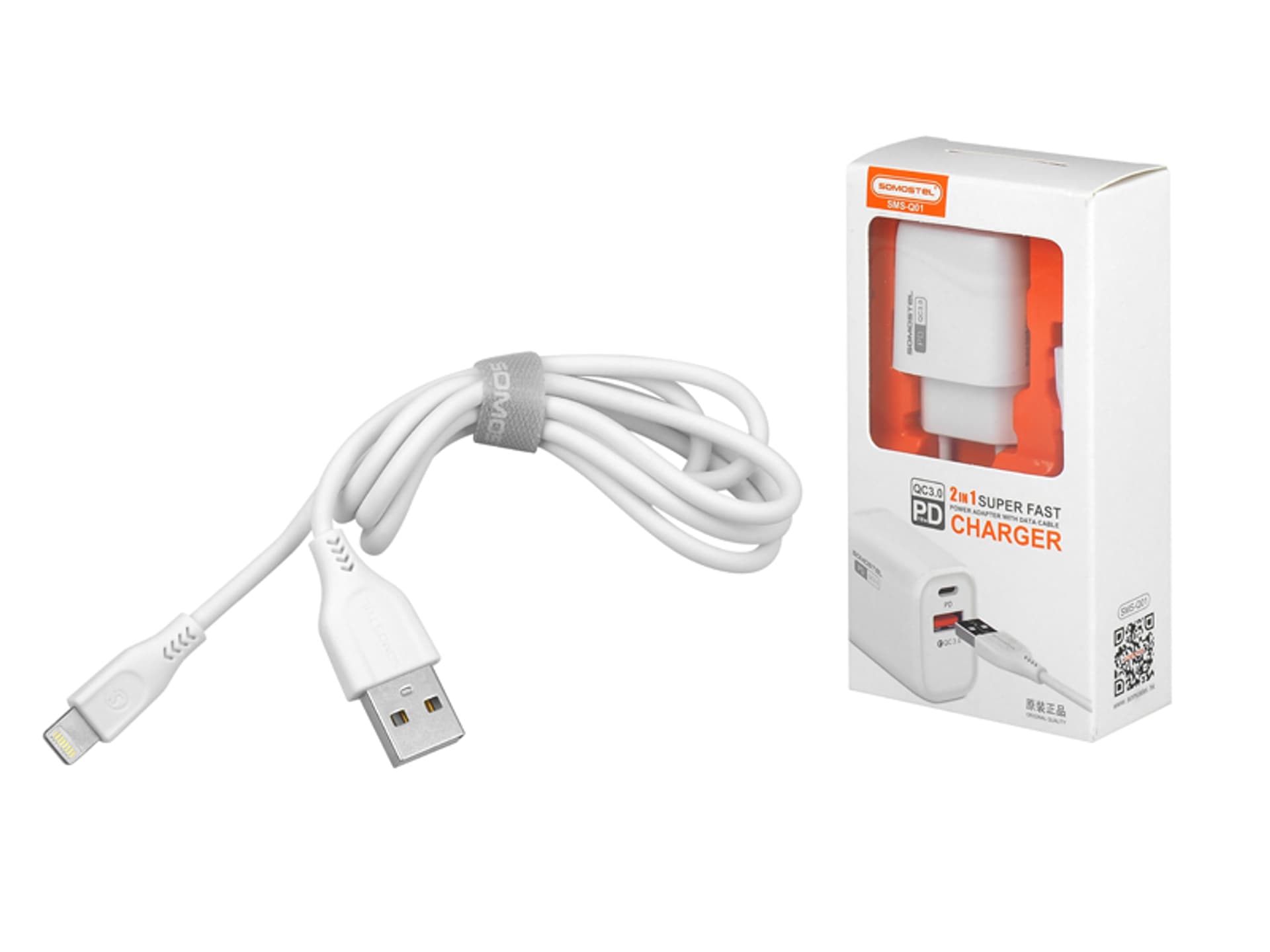 

1 szt. ŁADOWARKA SIECIOWA 3A 18W + KABEL IPHONE, BIAŁA, SOMOSTEL, POWER DELIVERY SMS-Q01, PD+USB.