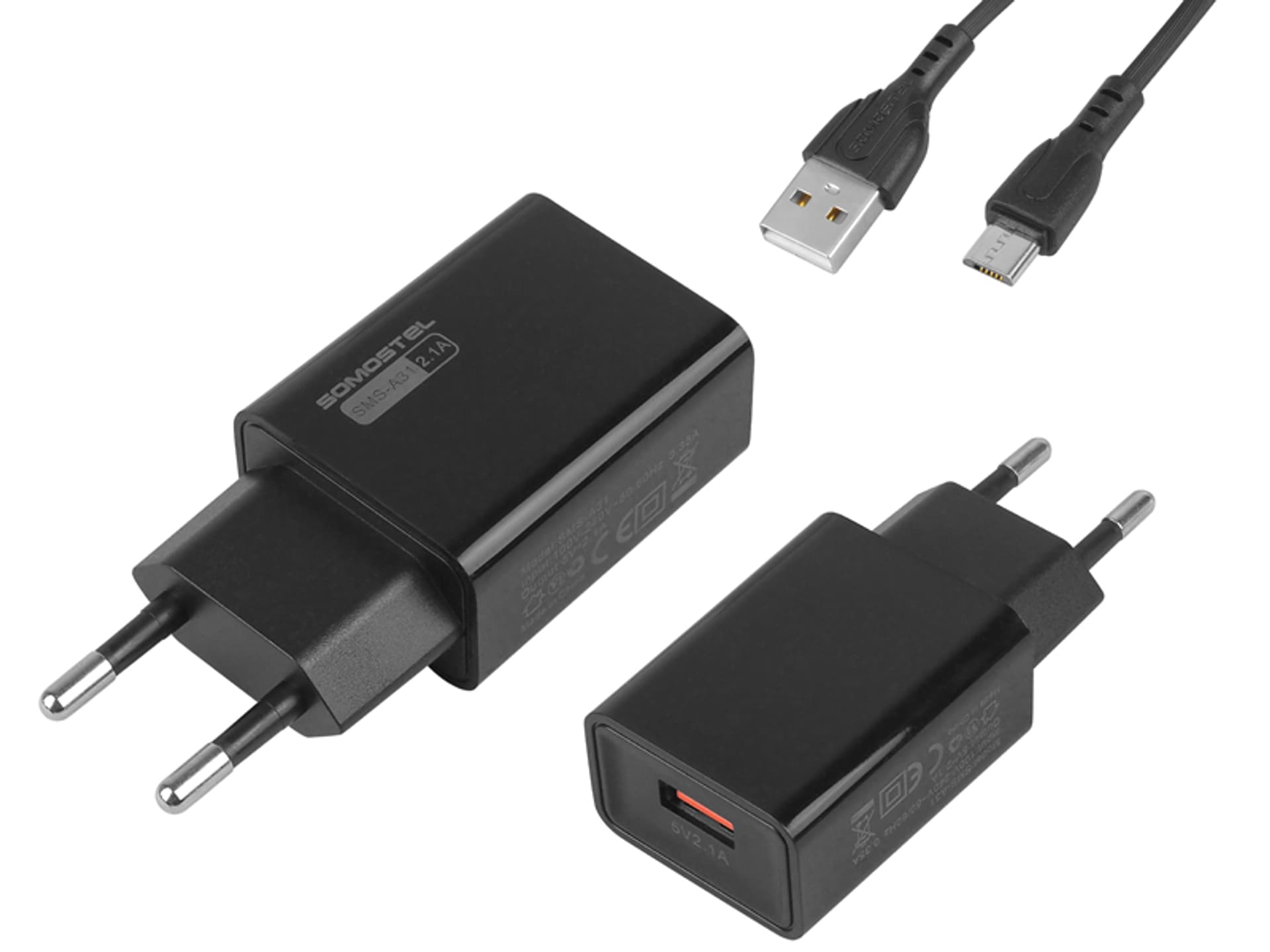 

ŁADOWARKA SIECIOWA 2A + KABEL MICRO USB CZARNY, SOMOSTEL, 2100mAh, SMS-A31. (1LM)