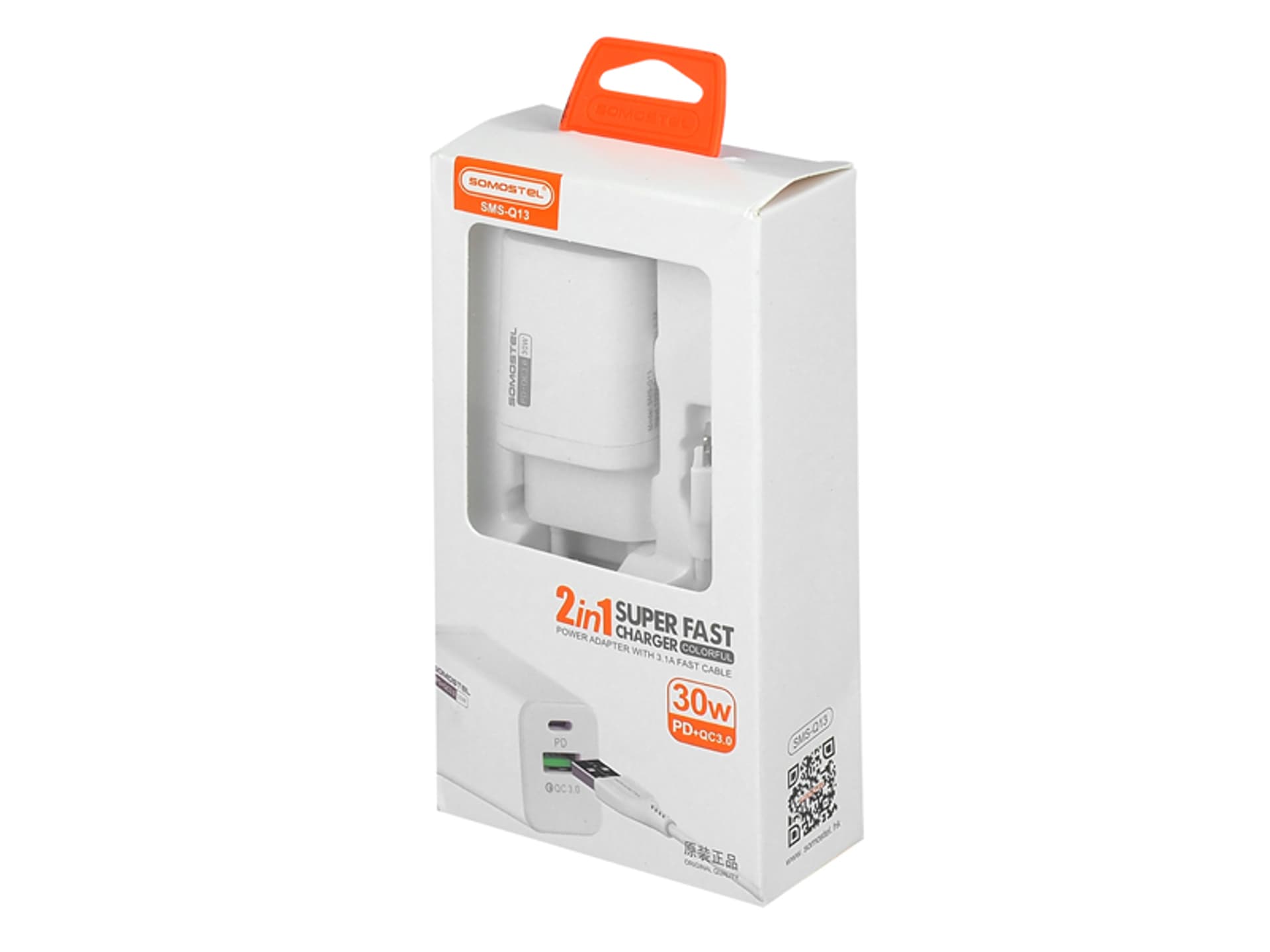 

1 szt. ŁADOWARKA SIECIOWA 30W + KABEL IPHONE, BIAŁA, SOMOSTEL, POWER DELIVERY Q13 USB + PD