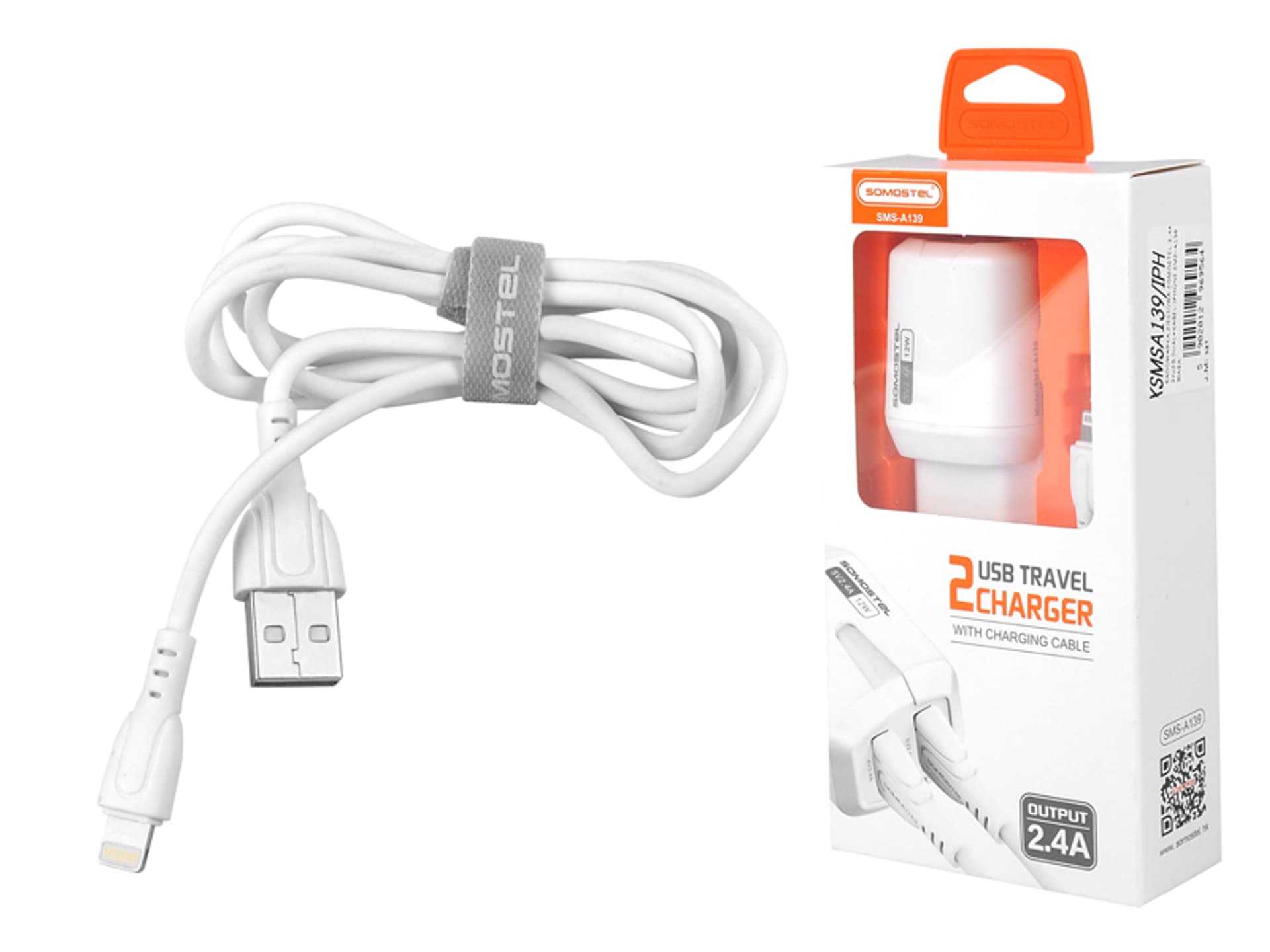 

1 szt. ŁADOWARKA SIECIOWA SOMOSTEL 2,4A/2xUSB DUAL+KABEL IPHONE SMS-A139 BIAŁA