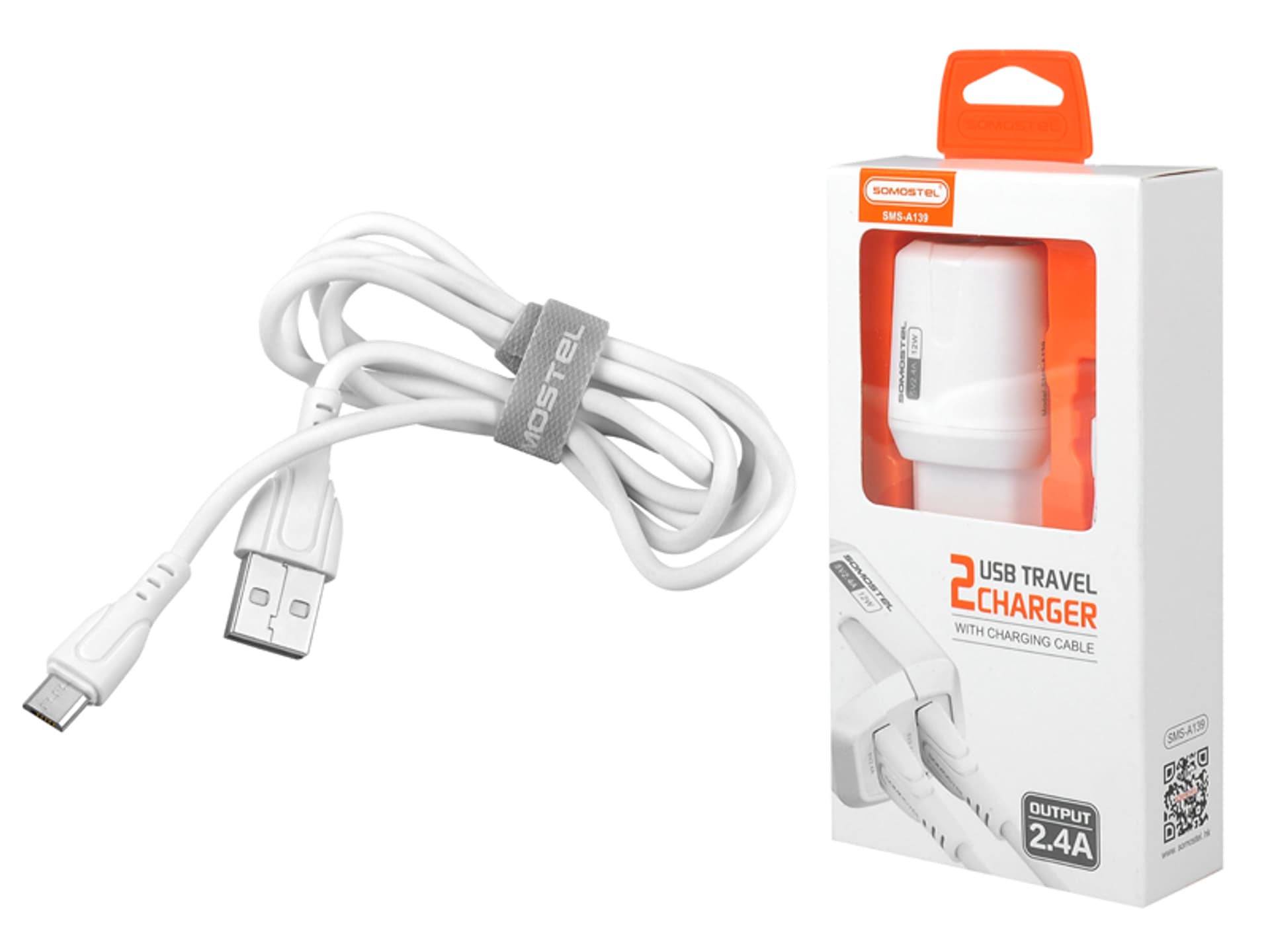 

1 szt. ŁADOWARKA SIECIOWA SOMOSTEL 2,4A/2xUSB DUAL+KABEL MICRO USB SMS-A139 BIAŁA
