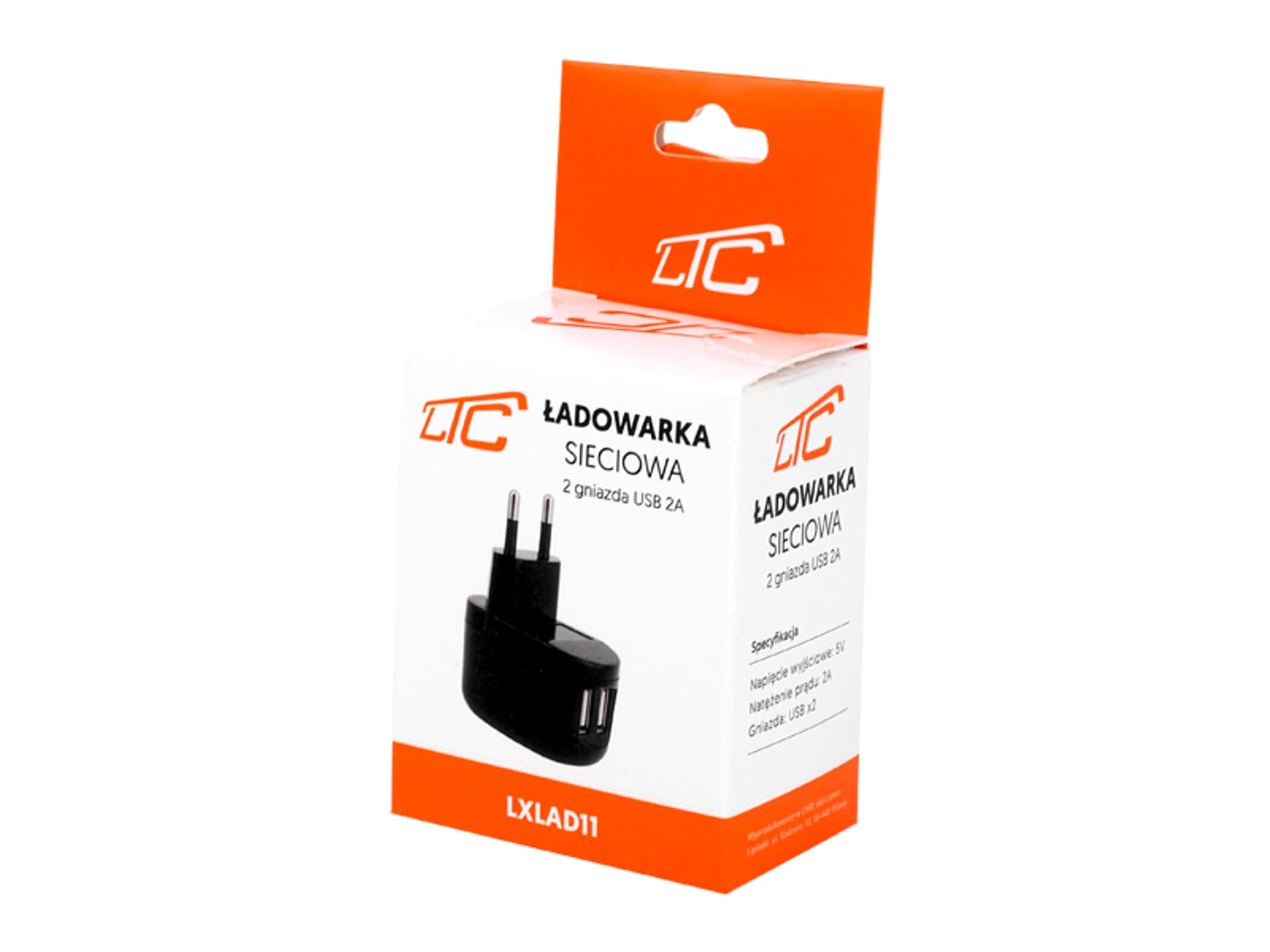 

1 szt. Ładowarka sieciowa LTC, 5 V/2 A, 2 x USB, czarna, box.