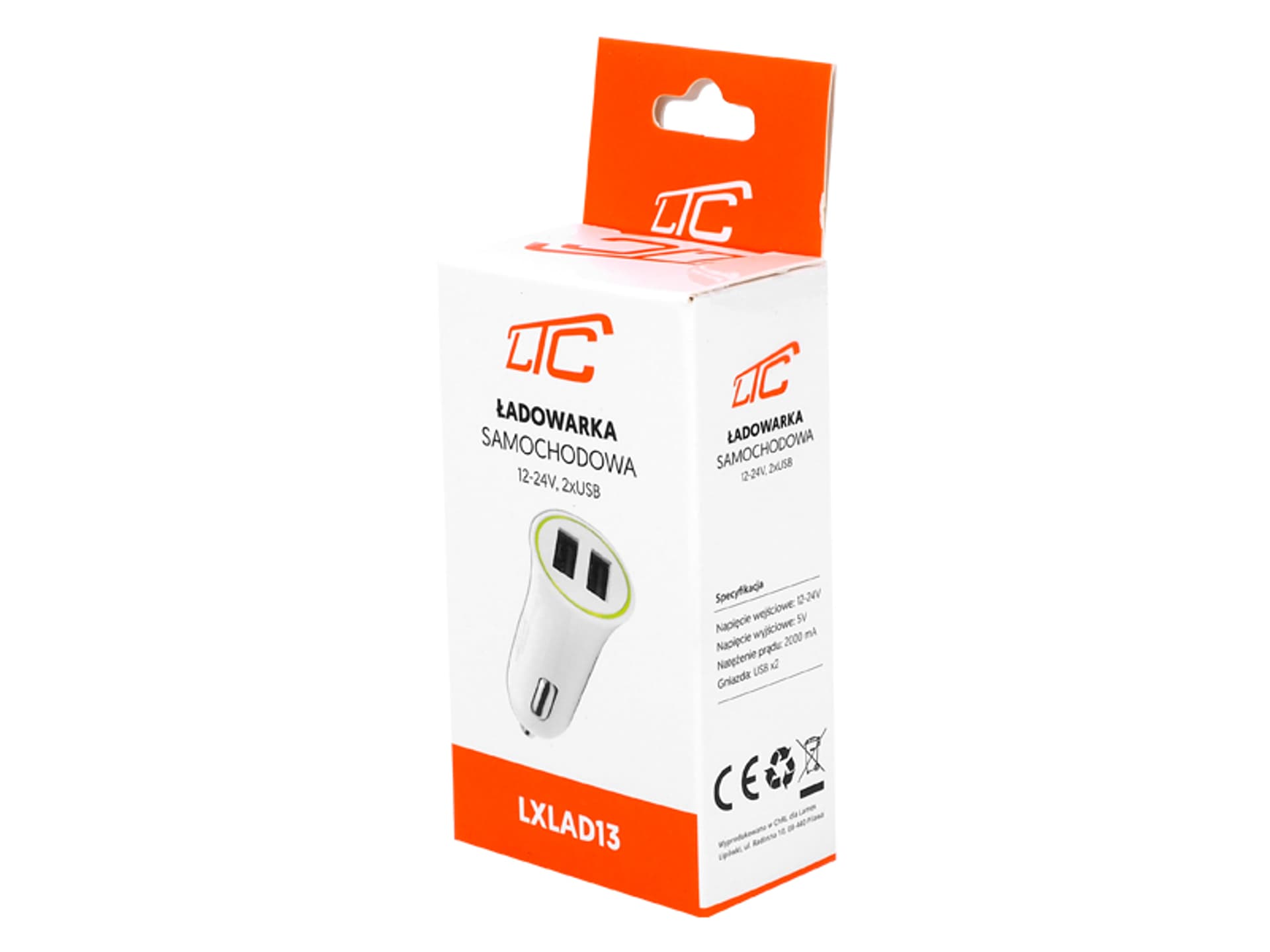 

1 szt. Ładowarka samochodowa LTC 2 x USB, Car Charger, 12-24 V, 5 V / 2.1 A, biała.