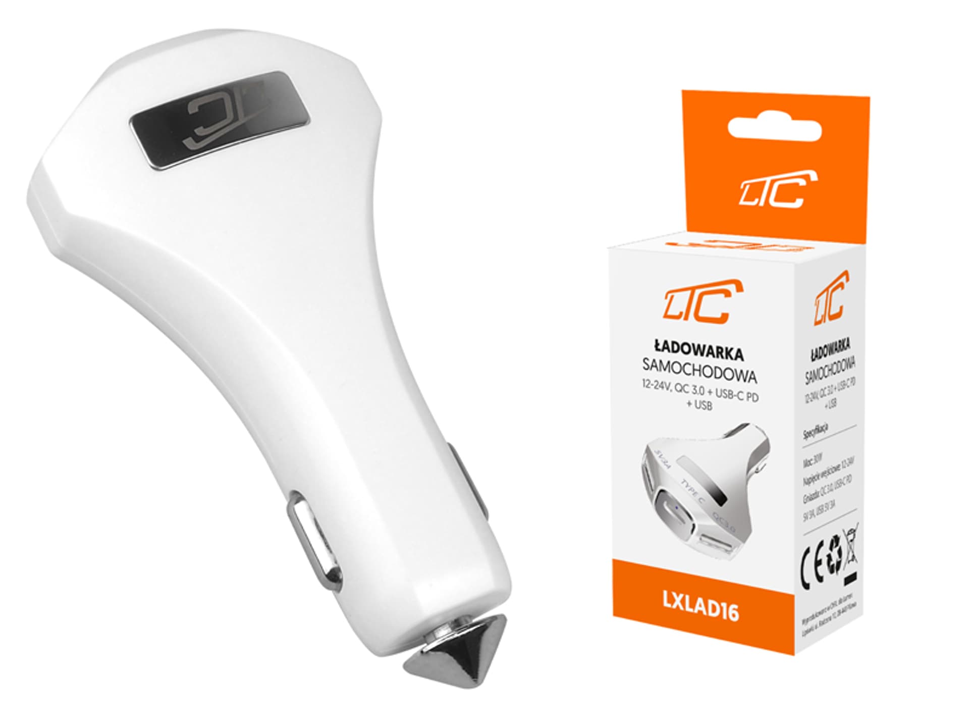 

1 szt. Ładowarka samochodowa LTC Quick Charger, QC 3.0, 18 W, 12-24 V/3 A, 2 x USB-A + USB Type-C, biała.