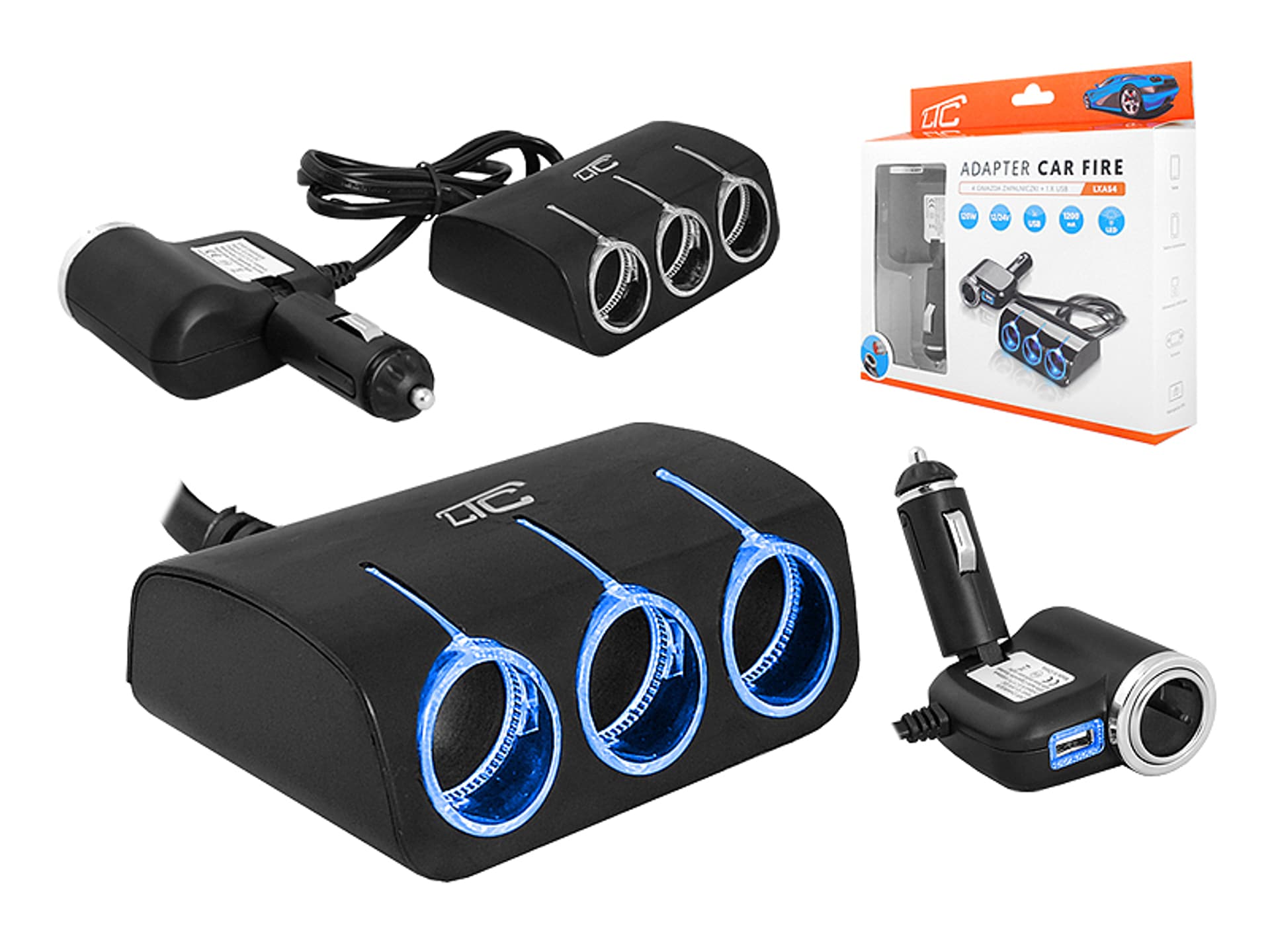

1 szt. LTC Adapter CAR FIRE LED 3 + 1 gniazda (120W) + USB 1200mA, 12/24V, czarny.