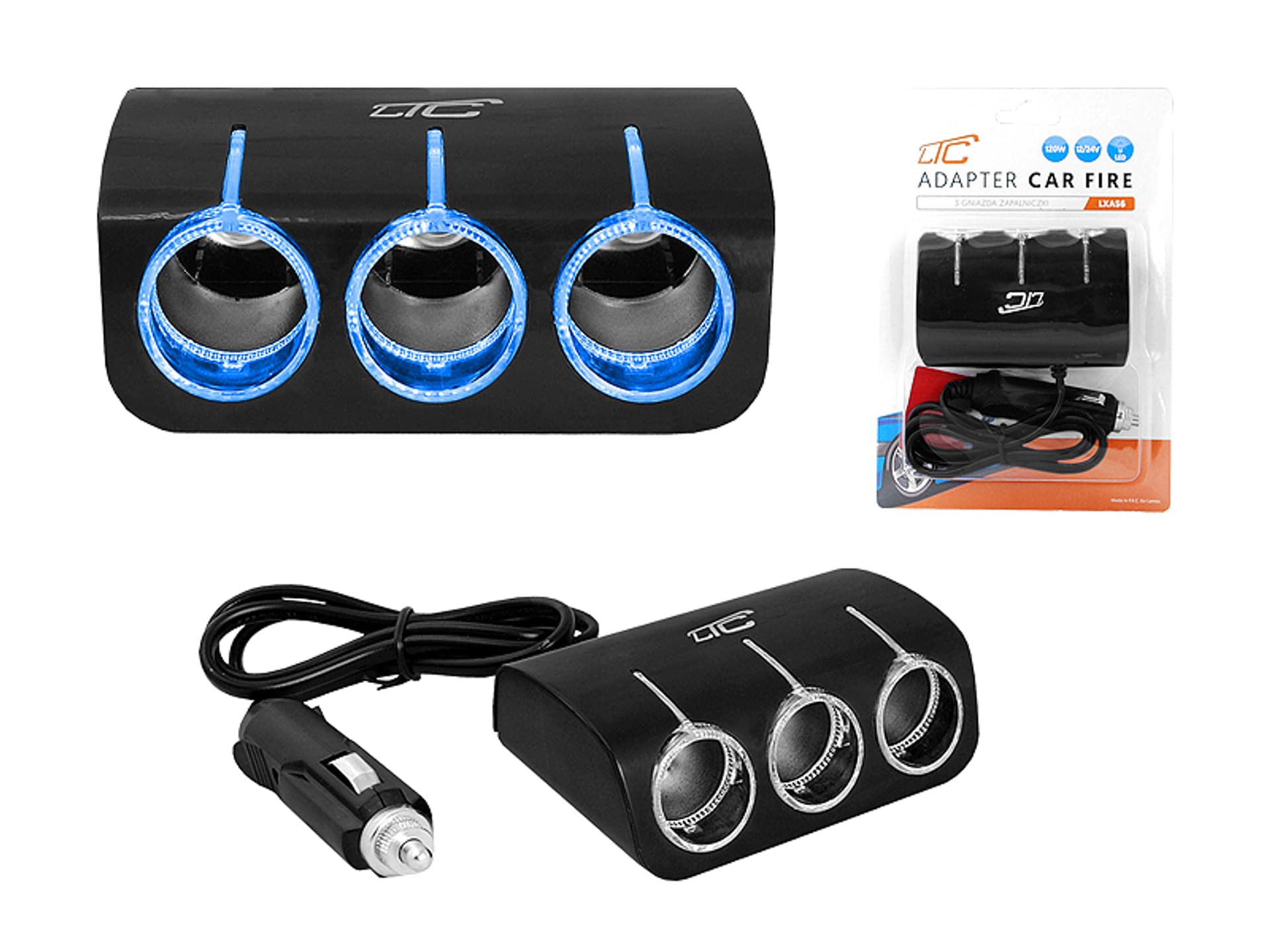 

1 szt. LTC Adapter CAR FIRE LED 3 gniazda + kabel, 120W, czarny.