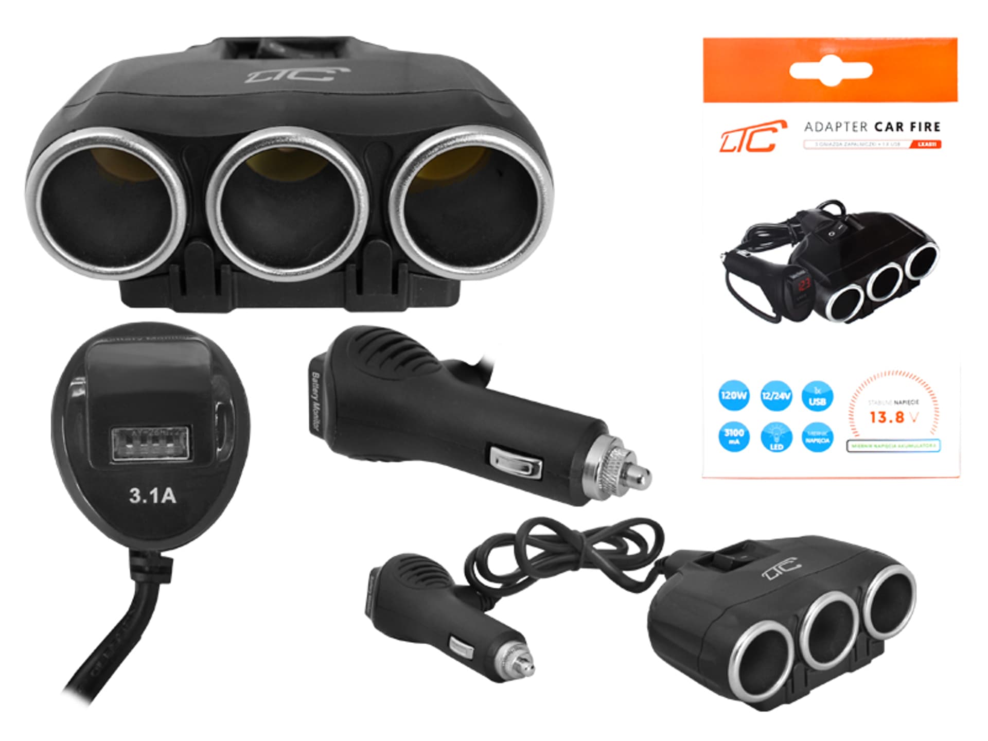 

1 szt. LTC Adapter CAR FIRE 3 gniazda + 1 gniazdo USB 3.1A, miernik nap. akumulatora.