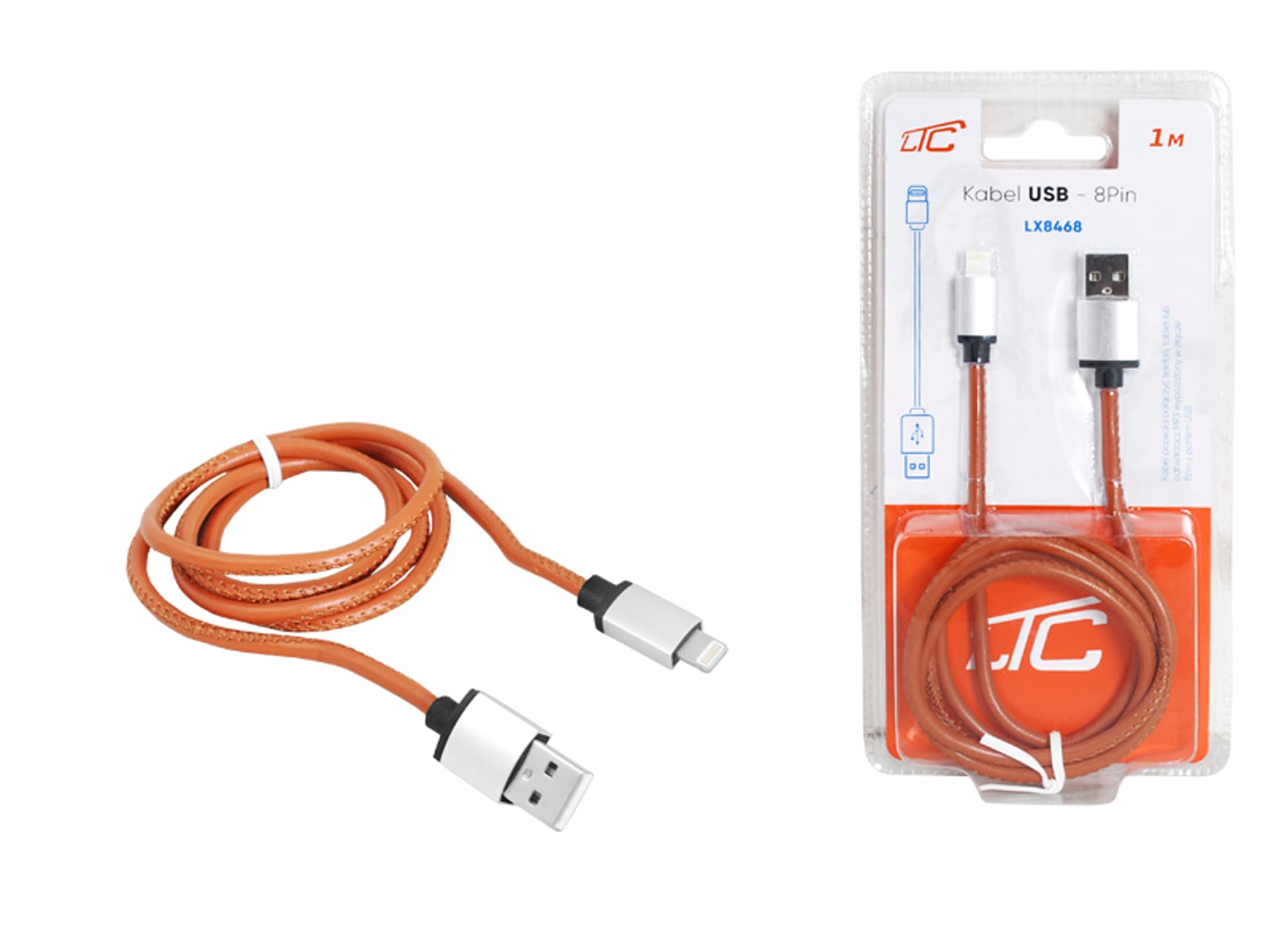 

1 szt. PS Kabel USB-Iphone, 1m, brązowy, skórzany.