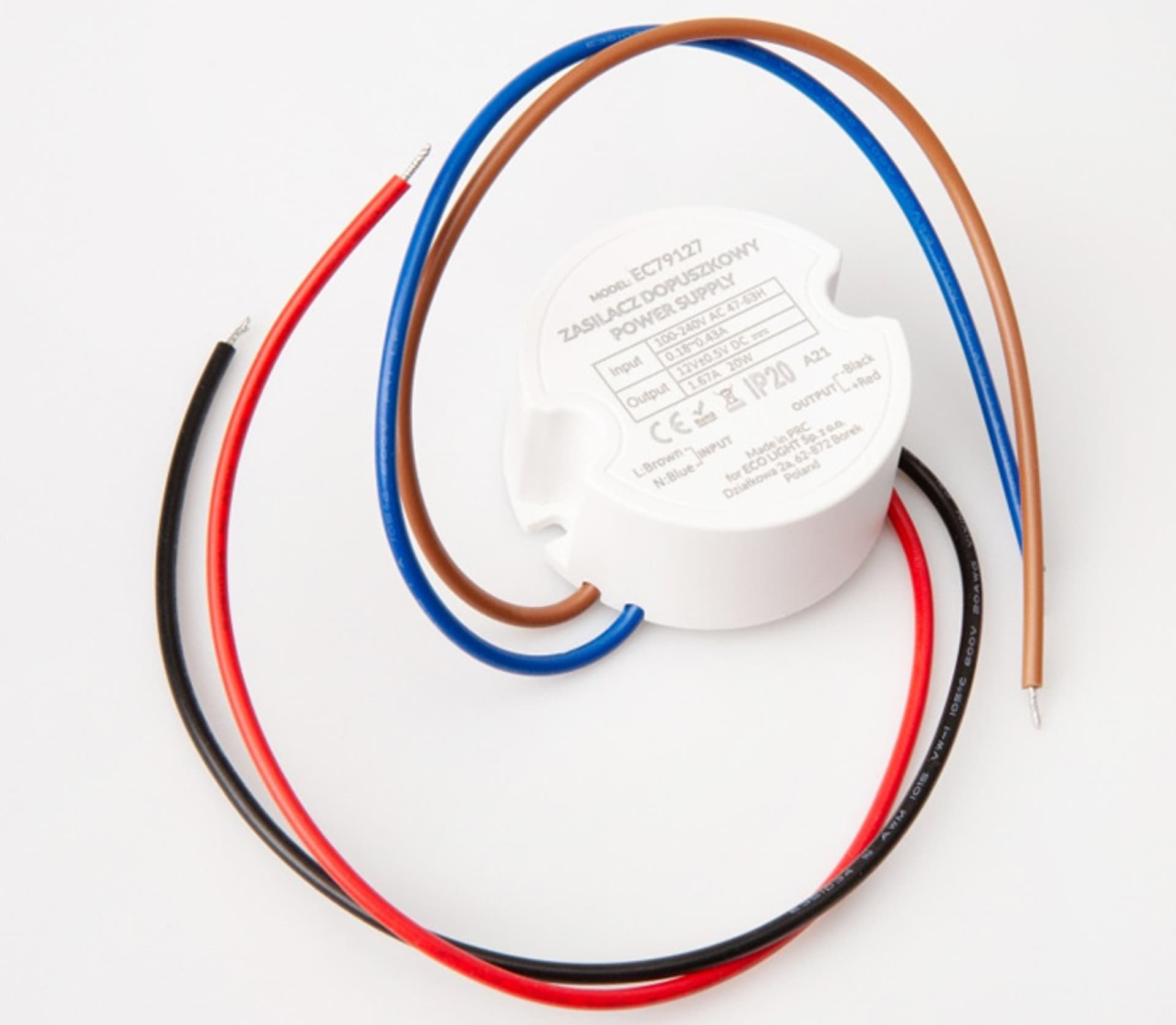 

Zasilacz do puszki, 1.67 A, 20 W, 12 V, IP20 (48 x 48 x 22 mm). (1LM)